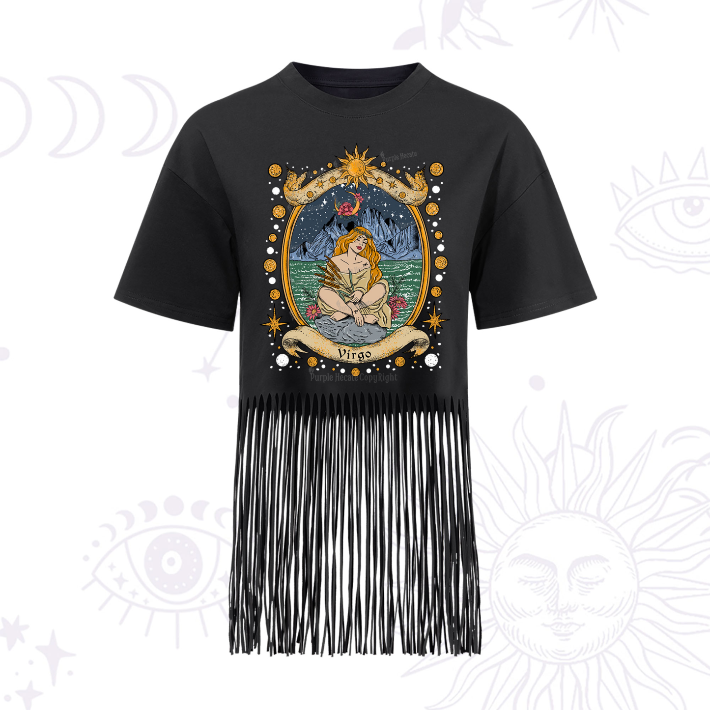 Purplehecate Celestial Virgo Zodiac Fringe Hem T-Shirt