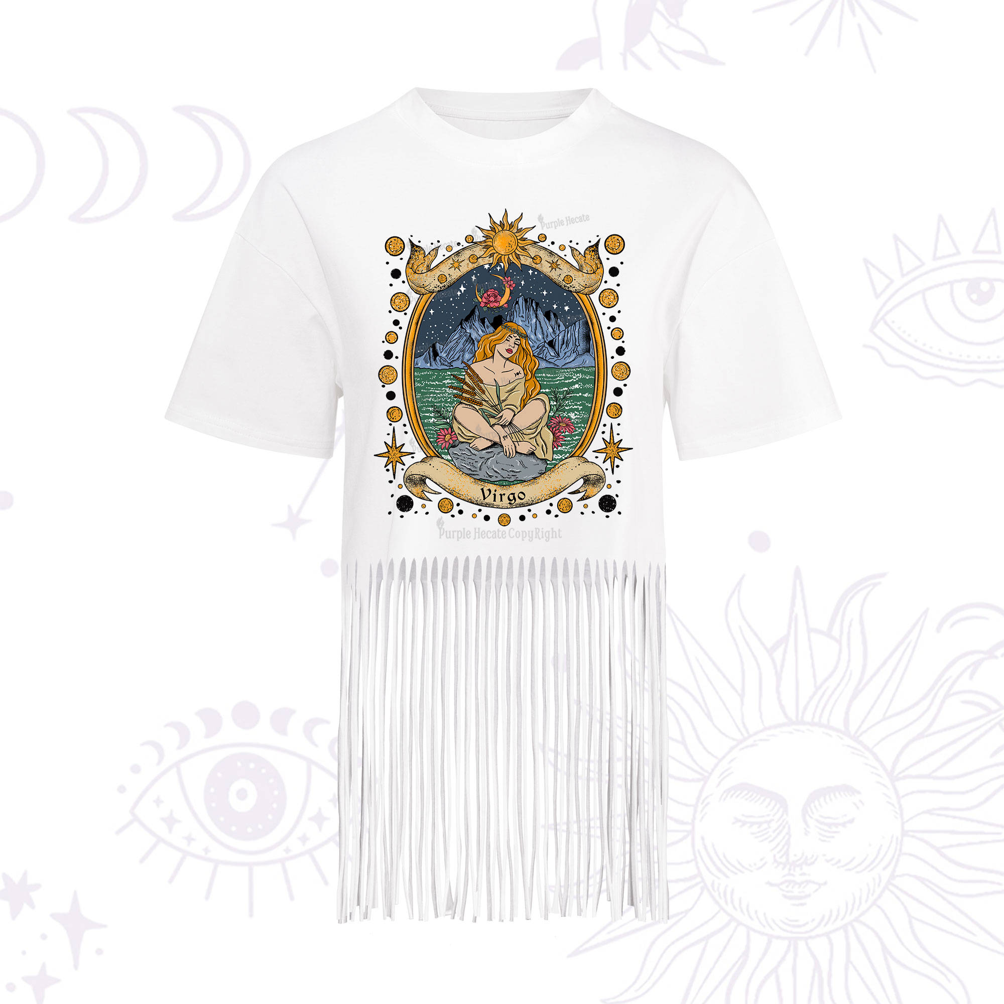 Purplehecate Celestial Virgo Zodiac Fringe Hem T-Shirt