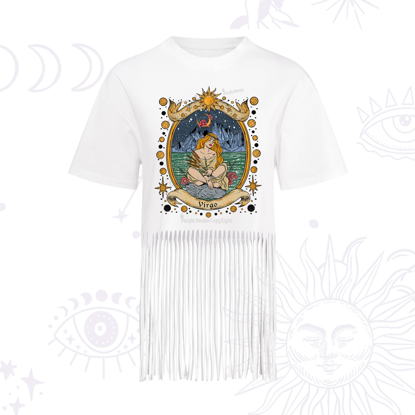 Purplehecate Celestial Virgo Zodiac Fringe Hem T-Shirt