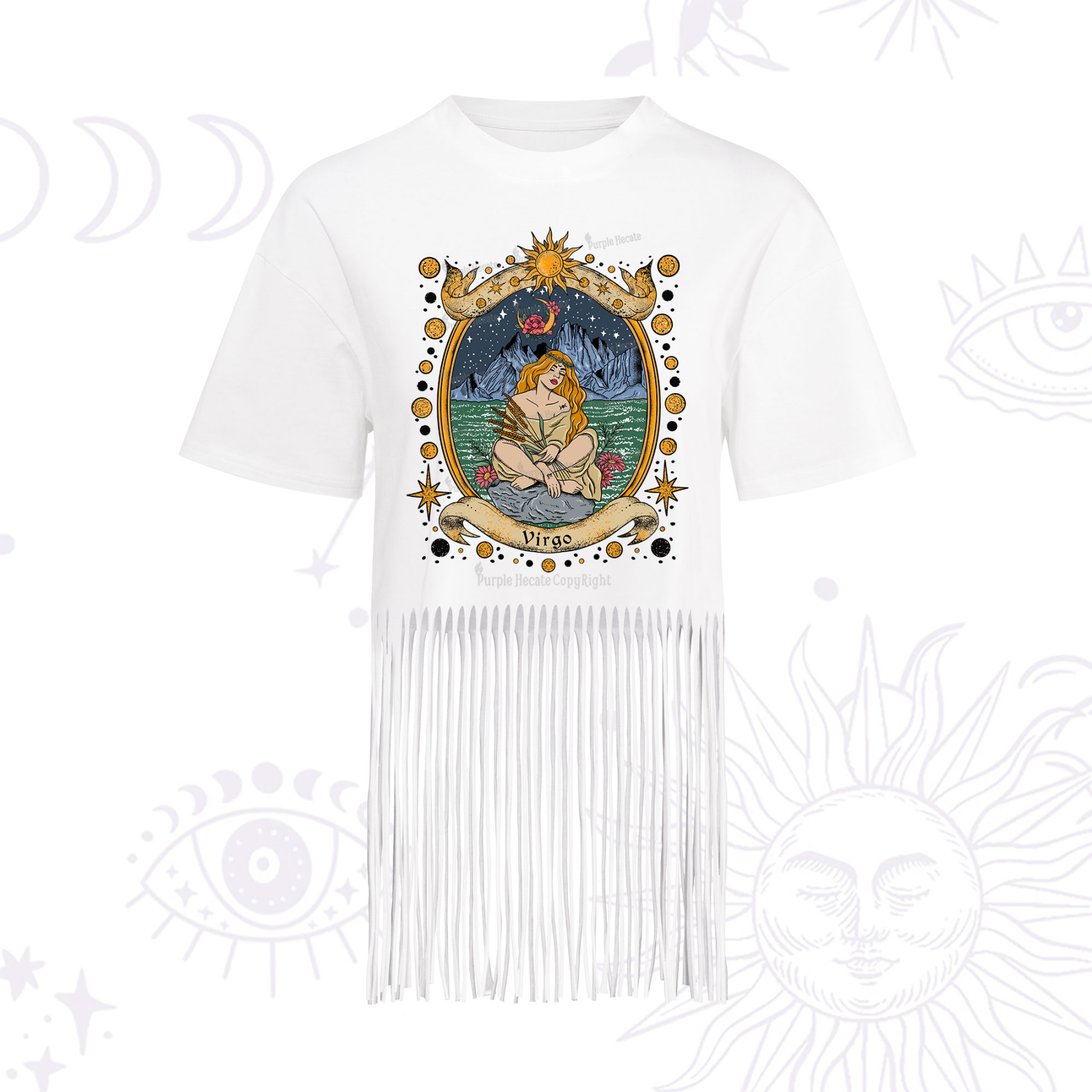 Purplehecate Celestial Virgo Zodiac Fringe Hem T-Shirt