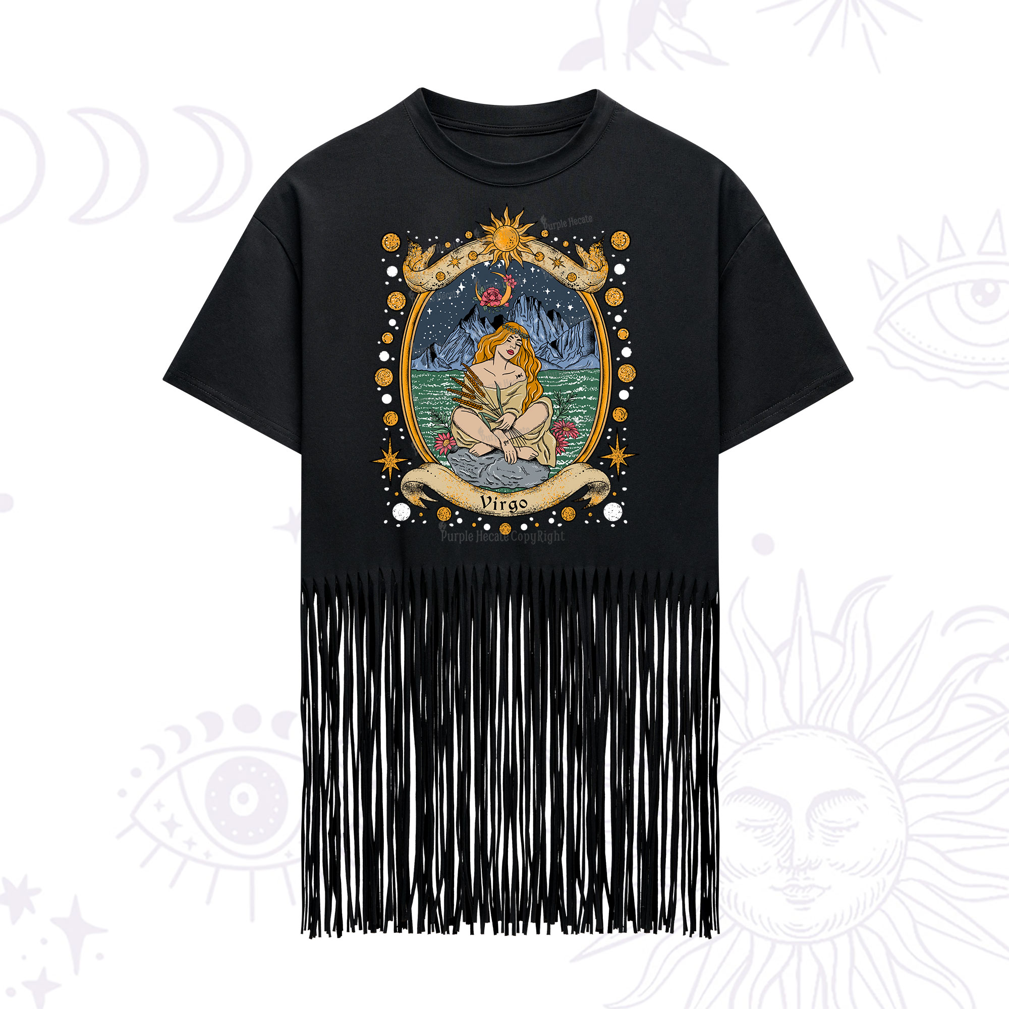 Purplehecate Celestial Virgo Zodiac Fringe Hem T-Shirt