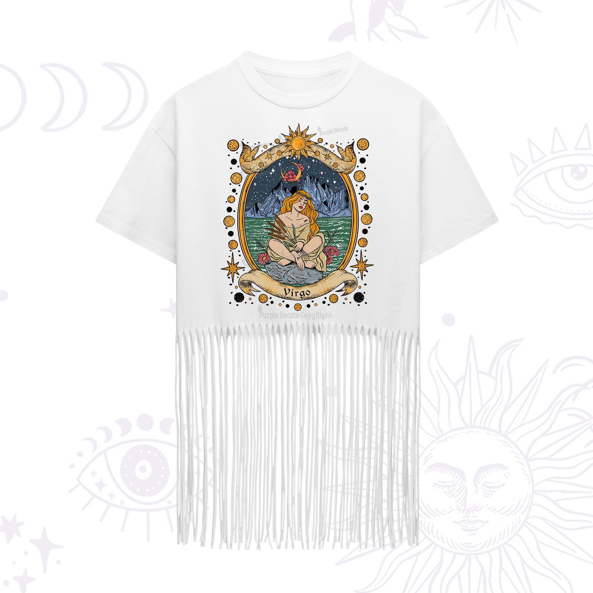 Purplehecate Celestial Virgo Zodiac Fringe Hem T-Shirt
