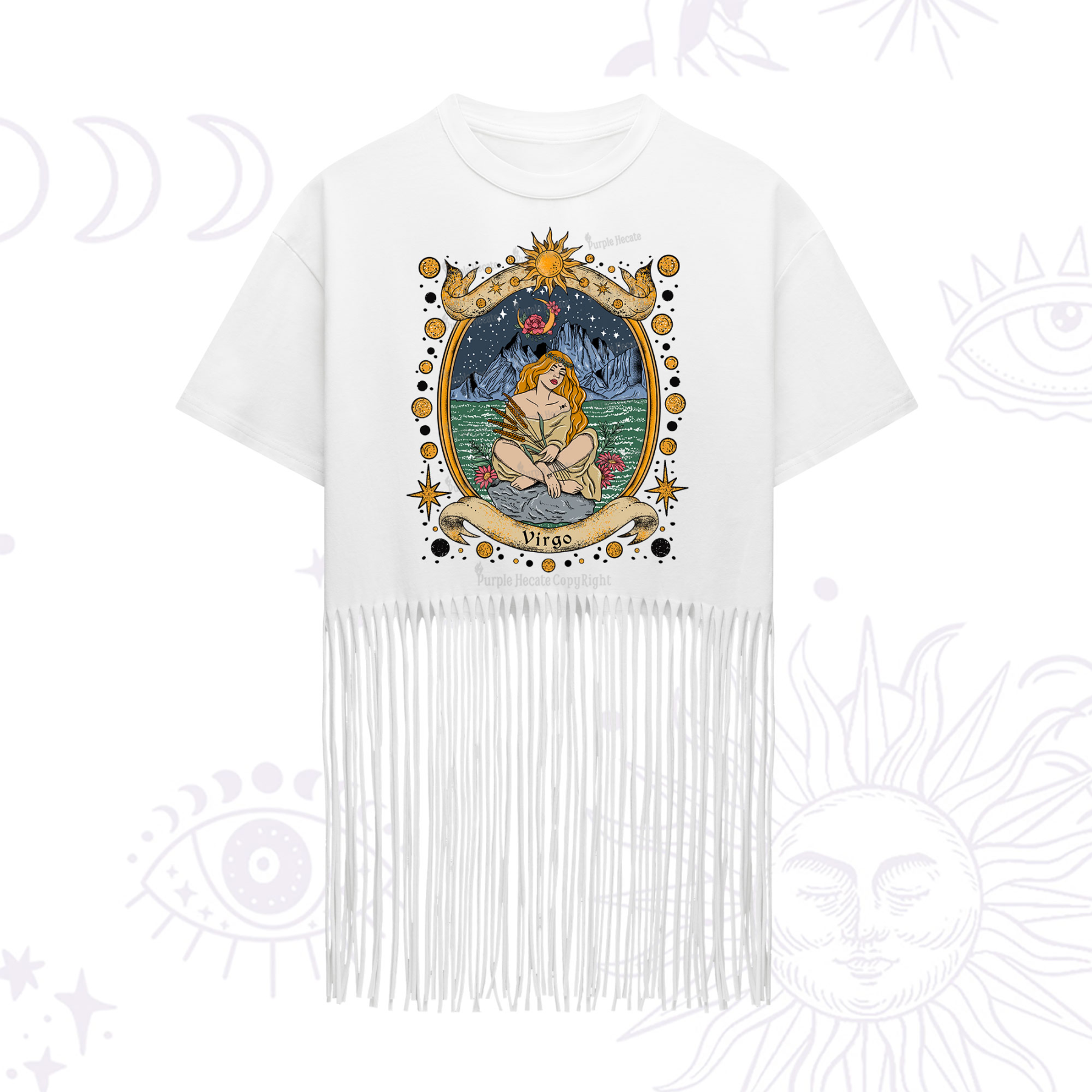 Purplehecate Celestial Virgo Zodiac Fringe Hem T-Shirt