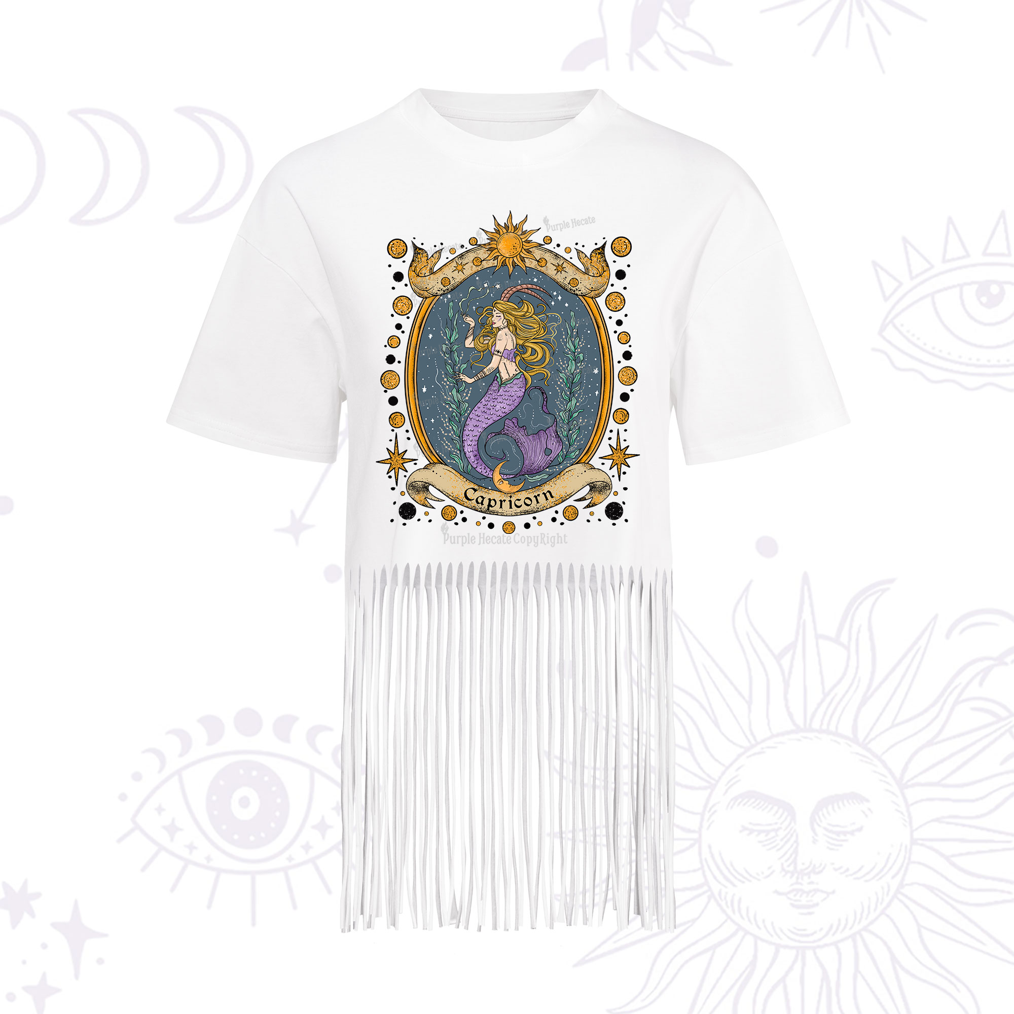 Purplehecate Celestial Capricorn Zodiac Fringe Hem T-Shirt