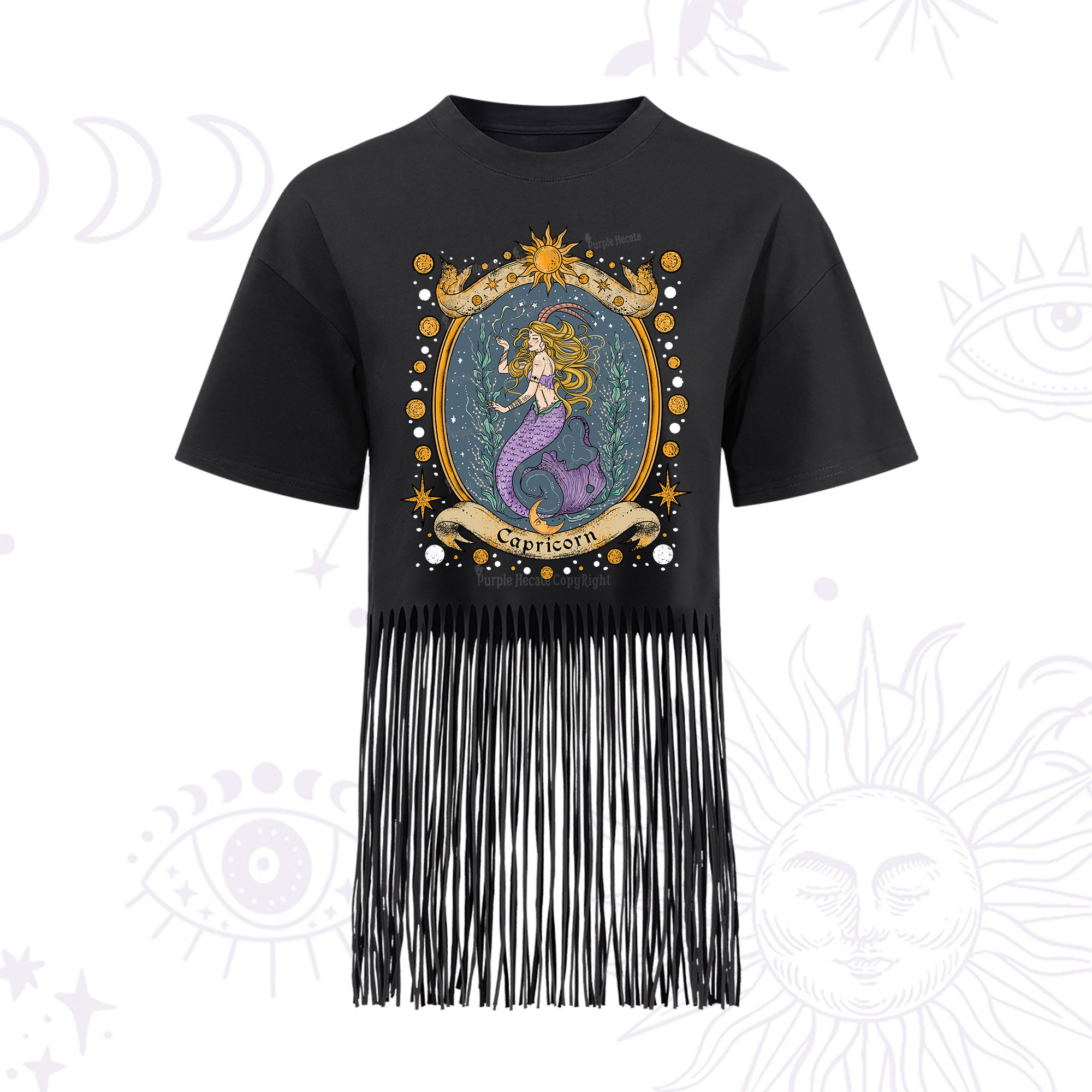 Purplehecate Celestial Capricorn Zodiac Fringe Hem T-Shirt