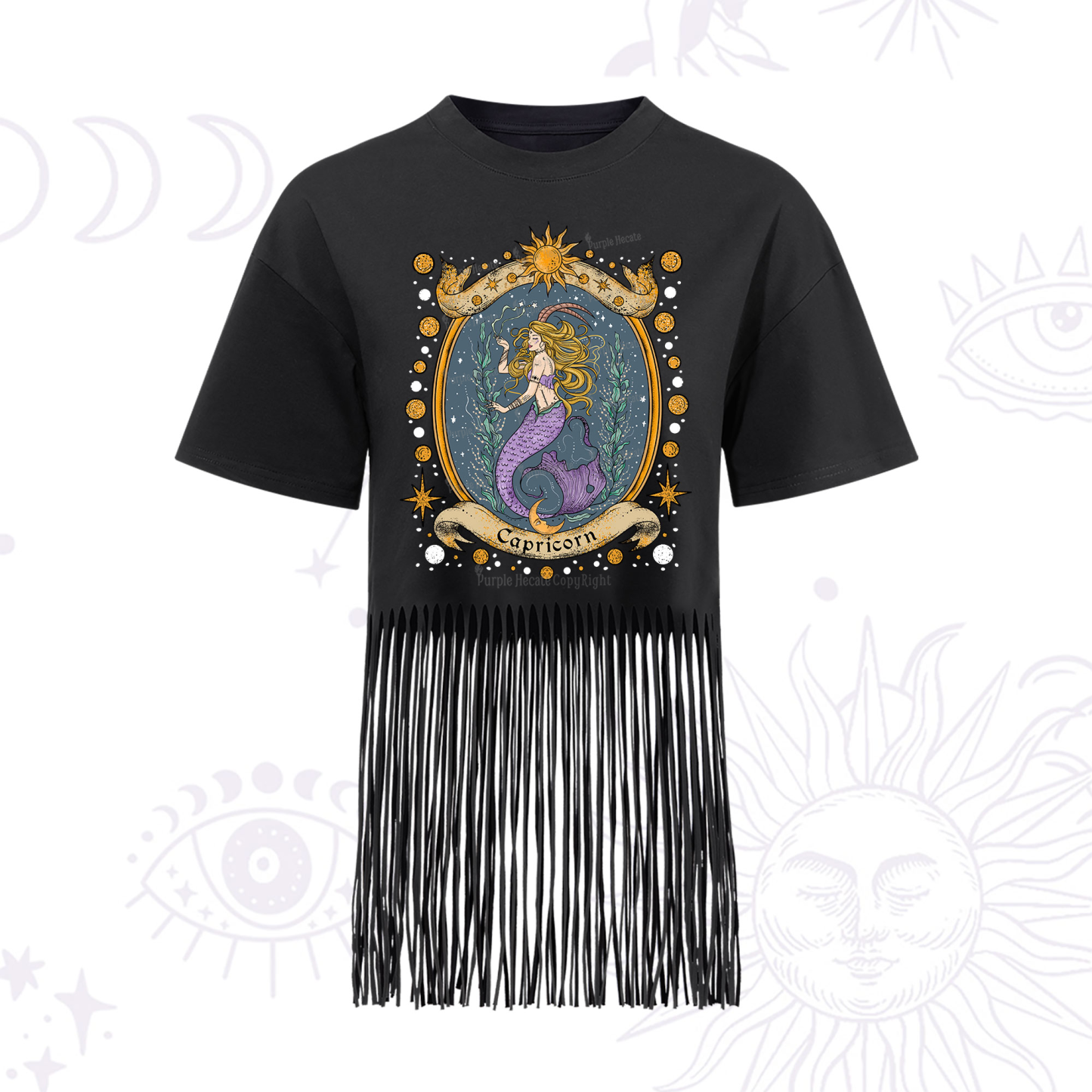 Purplehecate Celestial Capricorn Zodiac Fringe Hem T-Shirt