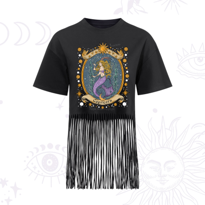 Purplehecate Celestial Capricorn Zodiac Fringe Hem T-Shirt