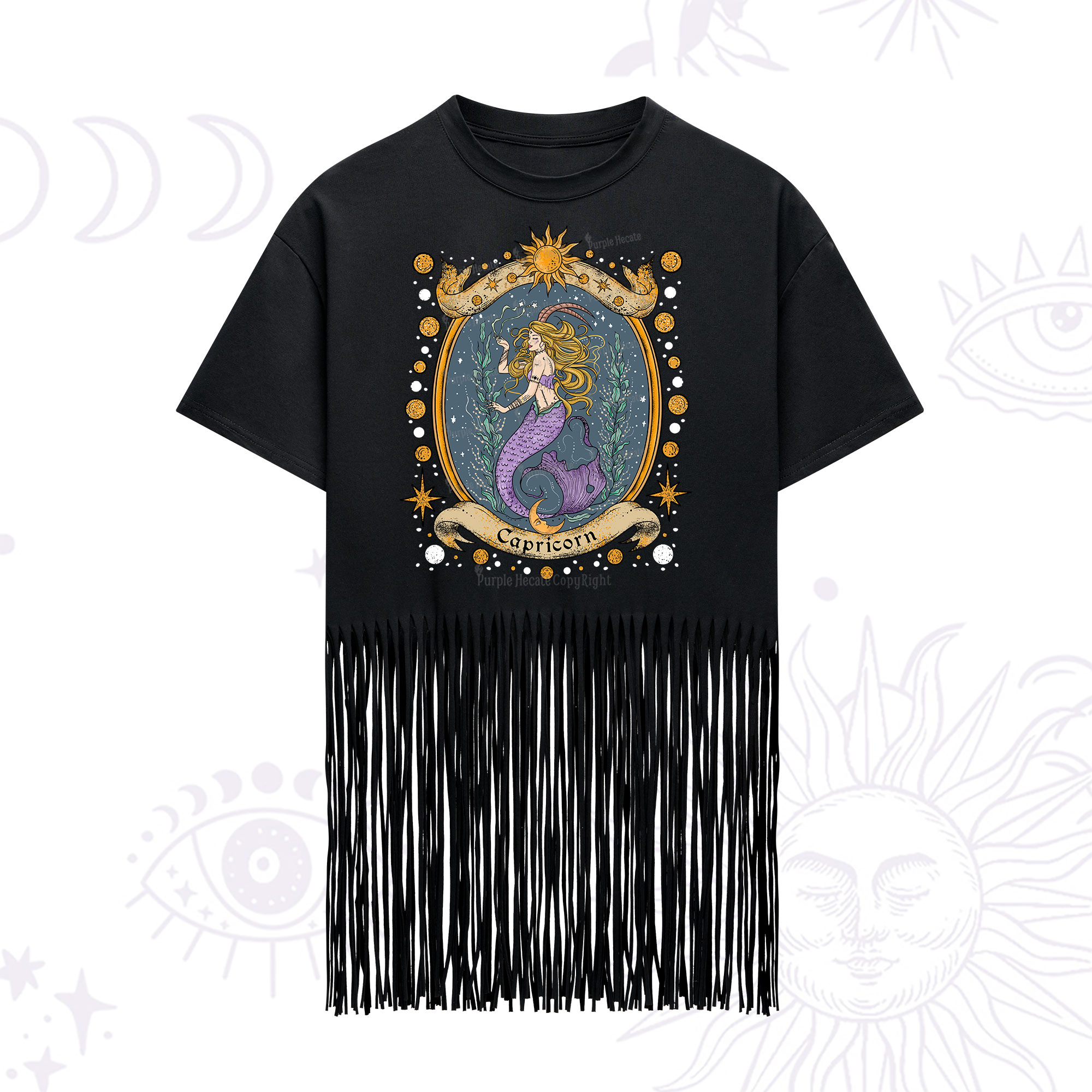 Purplehecate Celestial Capricorn Zodiac Fringe Hem T-Shirt