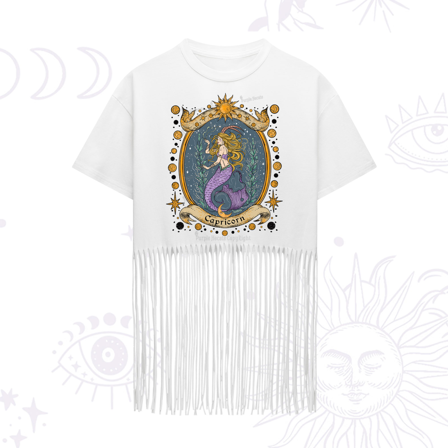 Purplehecate Celestial Capricorn Zodiac Fringe Hem T-Shirt