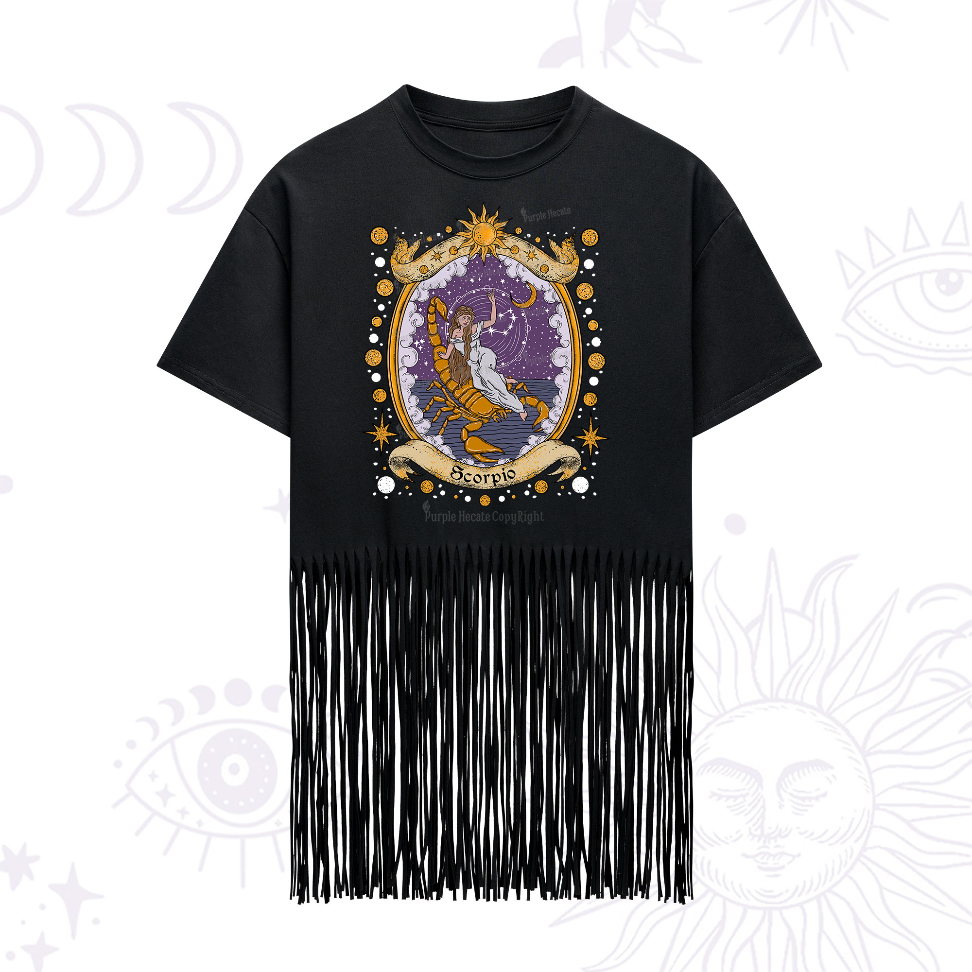 Purplehecate Celestial Scorpio Zodiac Fringe Hem T-Shirt