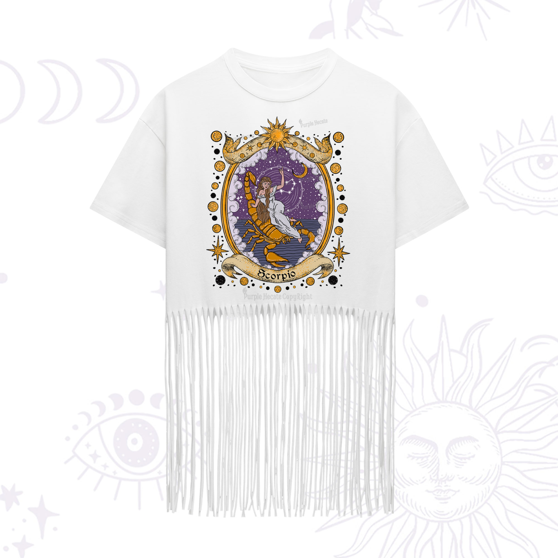 Purplehecate Celestial Scorpio Zodiac Fringe Hem T-Shirt