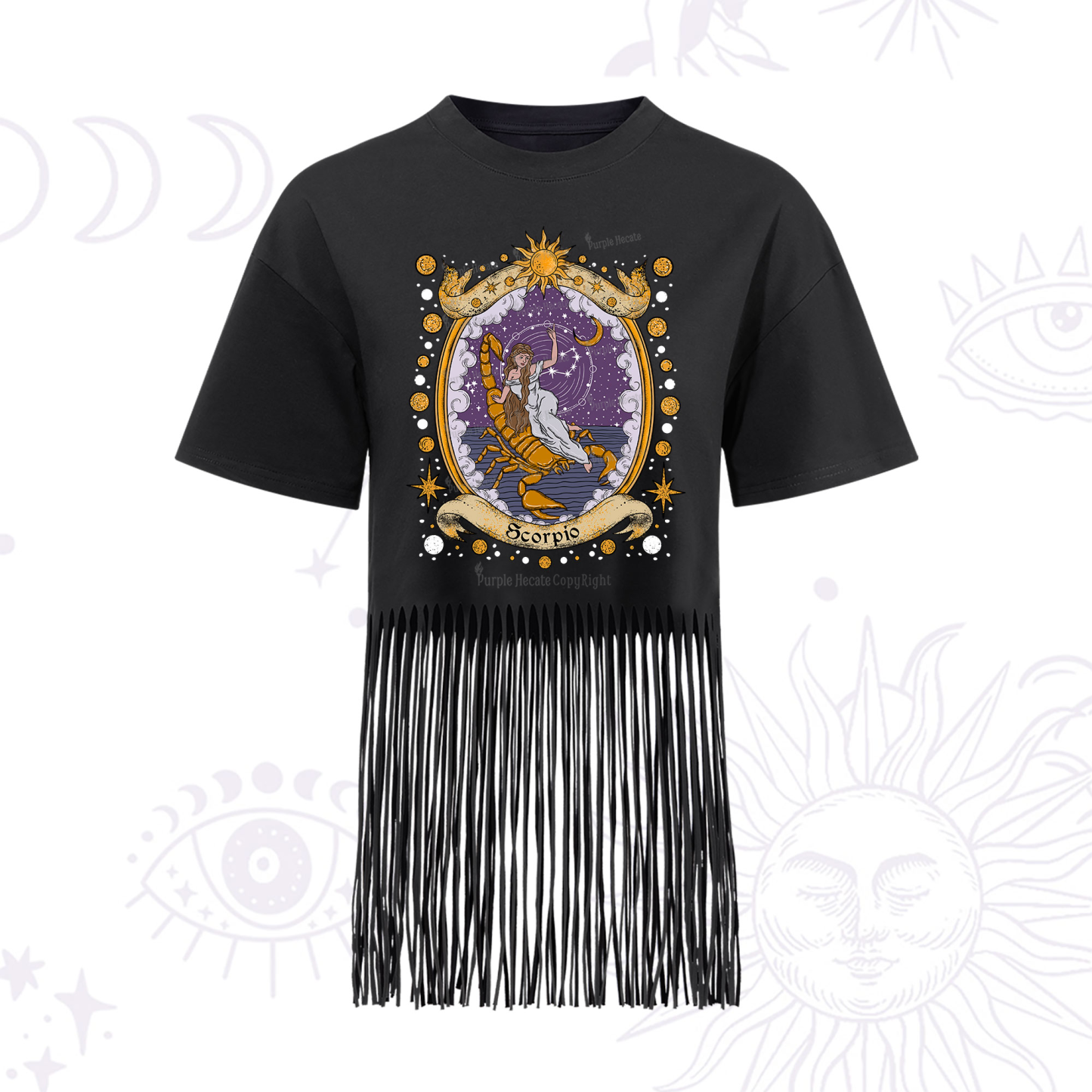 Purplehecate Celestial Scorpio Zodiac Fringe Hem T-Shirt
