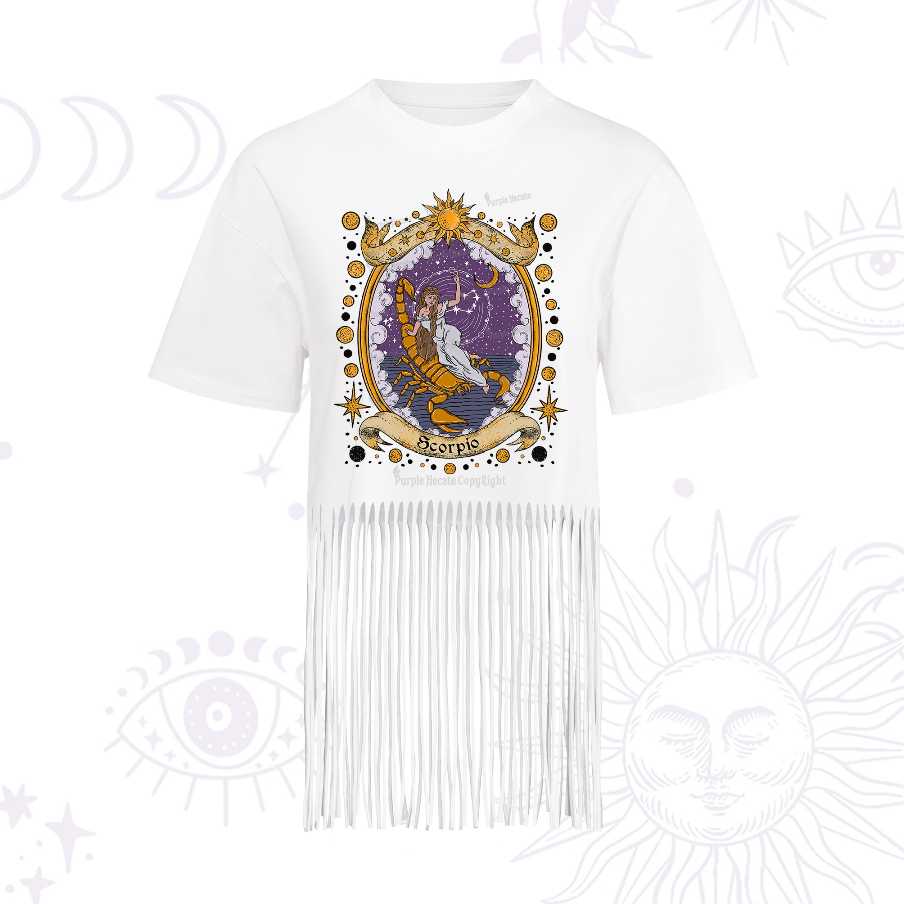 Purplehecate Celestial Scorpio Zodiac Fringe Hem T-Shirt