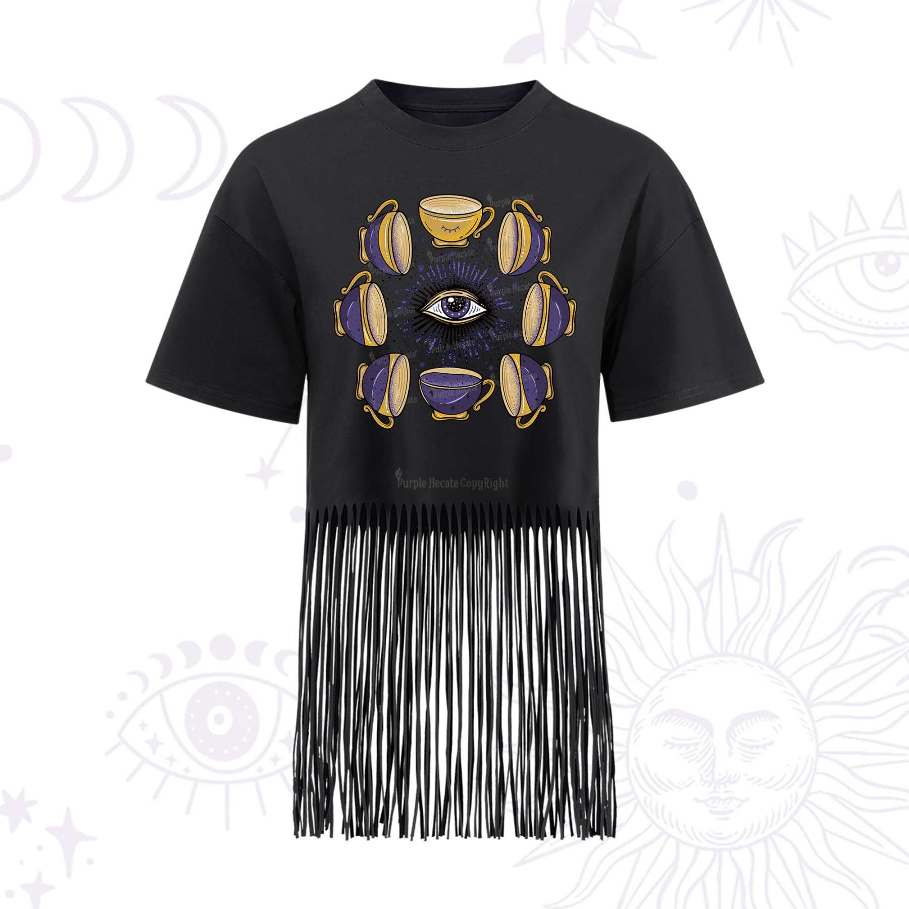 Purplehecate Moon Phase Coffee Lover Fringe Hem T-Shirt