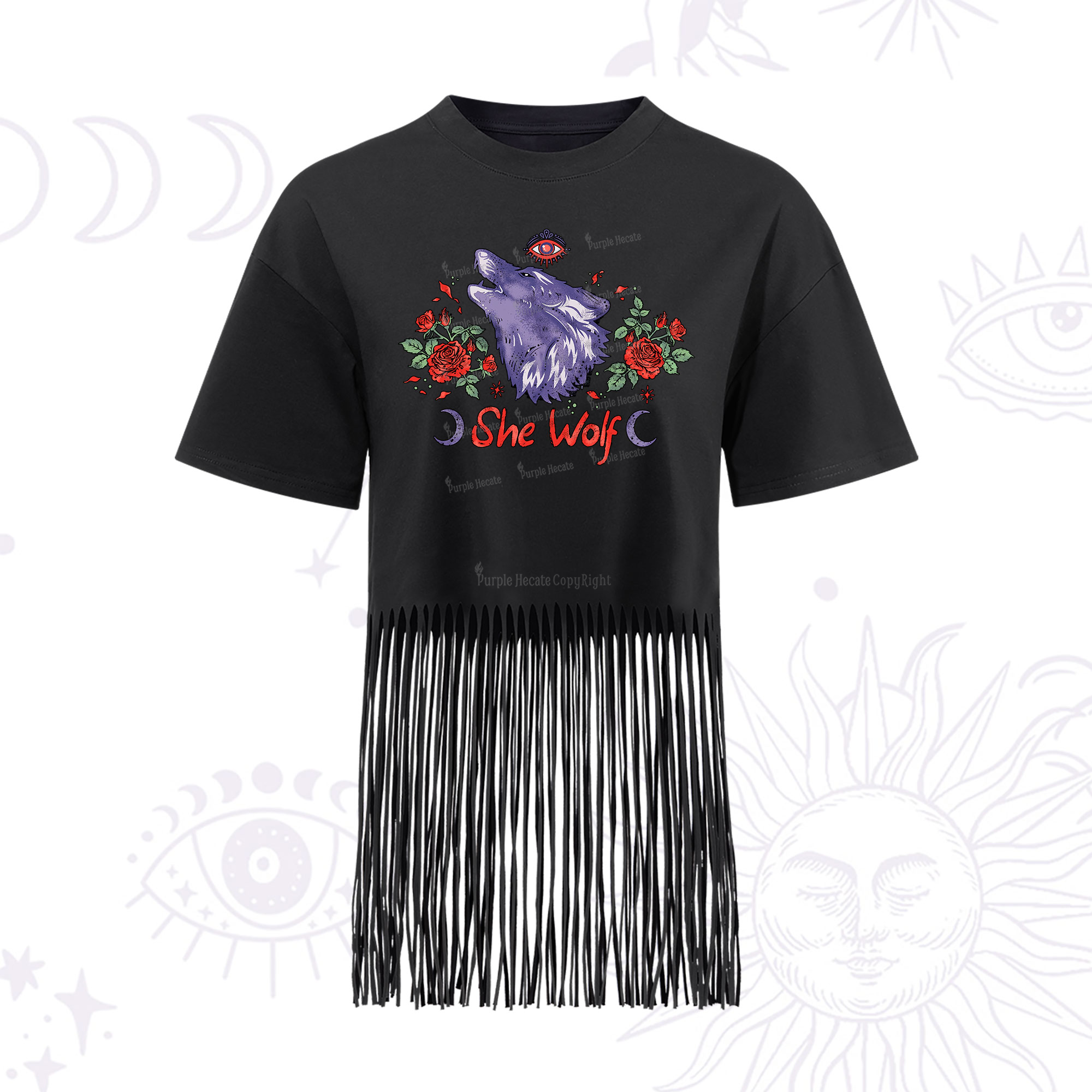 Purplehecate Moon Wolf Fringe Hem T-Shirt