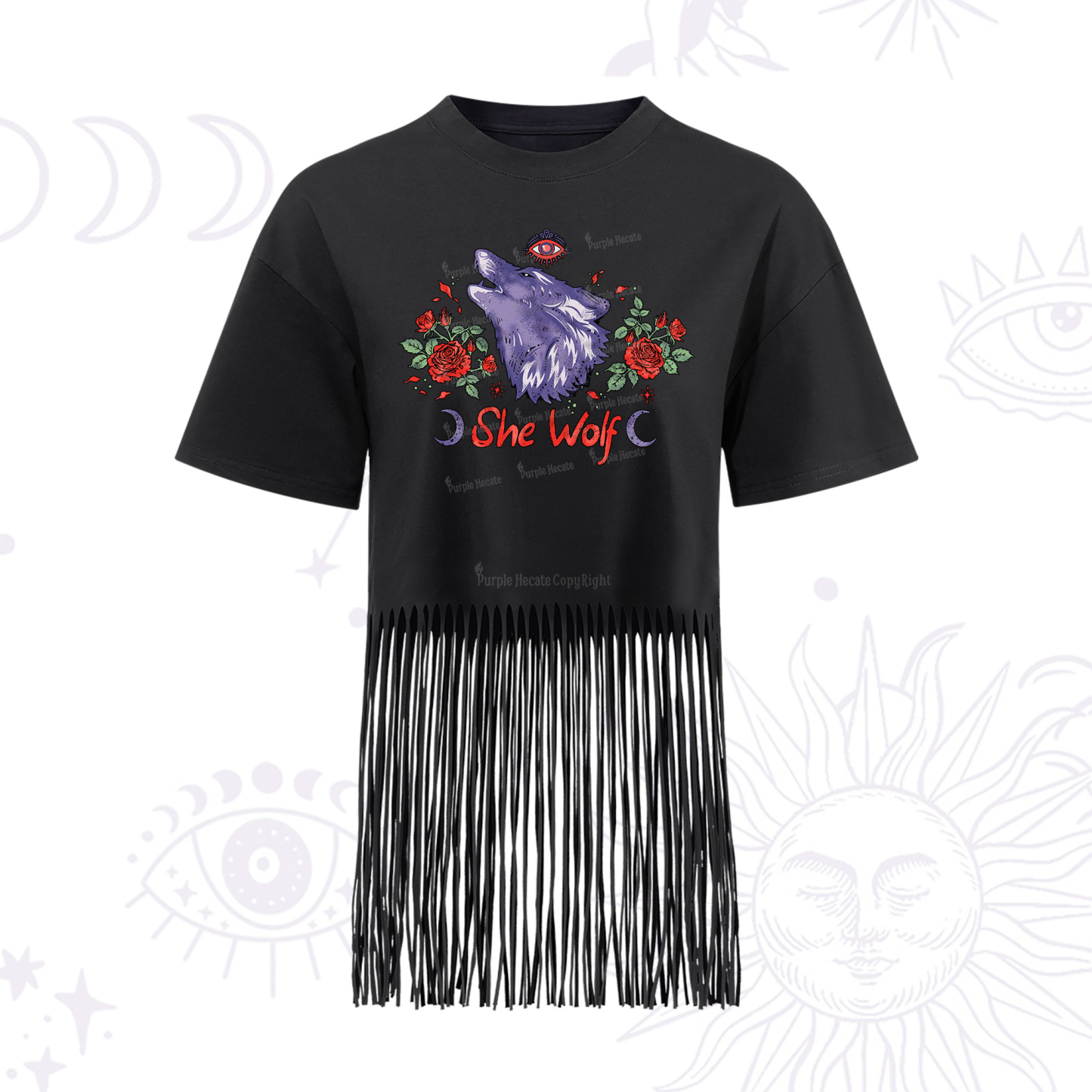 Purplehecate Moon Wolf Fringe Hem T-Shirt