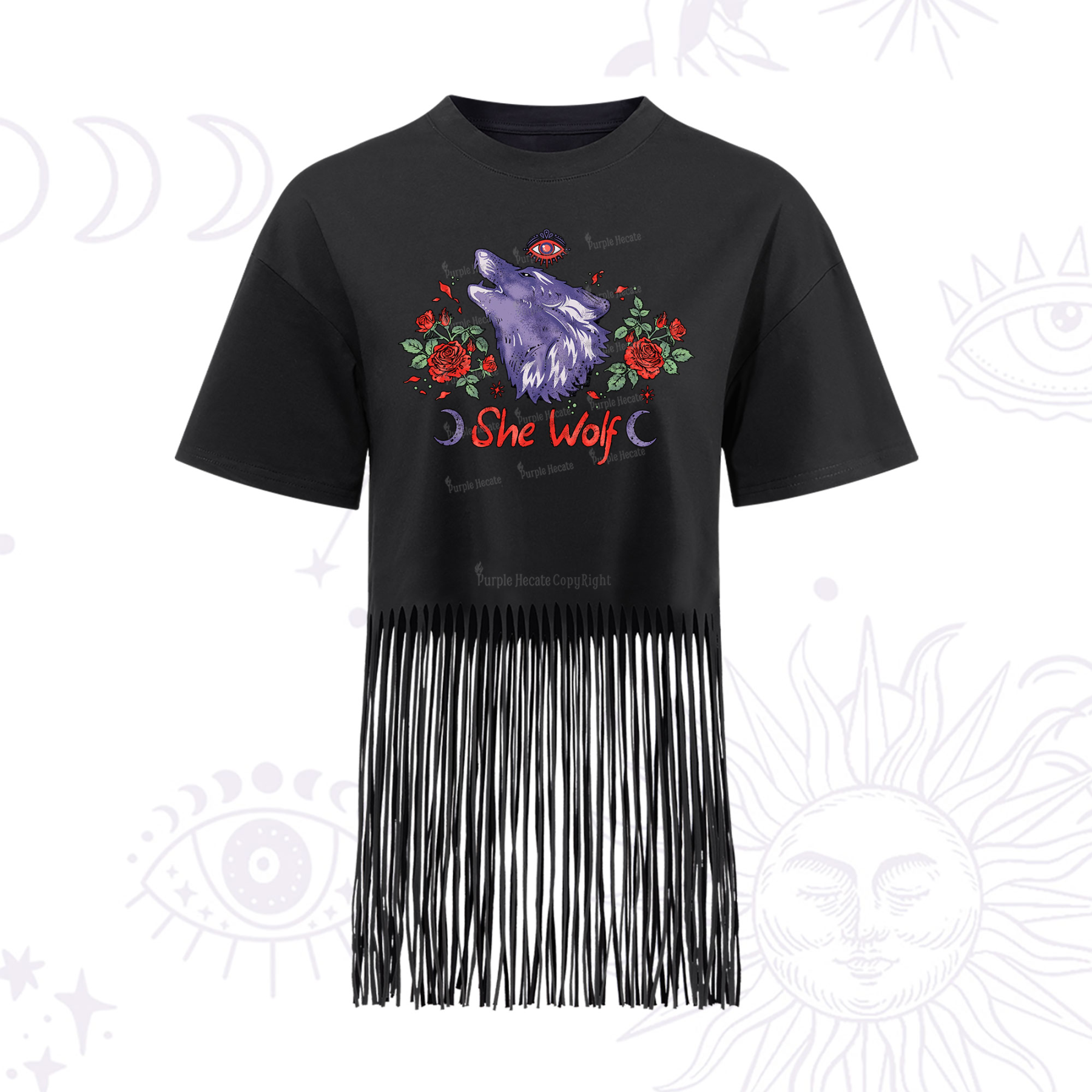 Purplehecate Moon Wolf Fringe Hem T-Shirt
