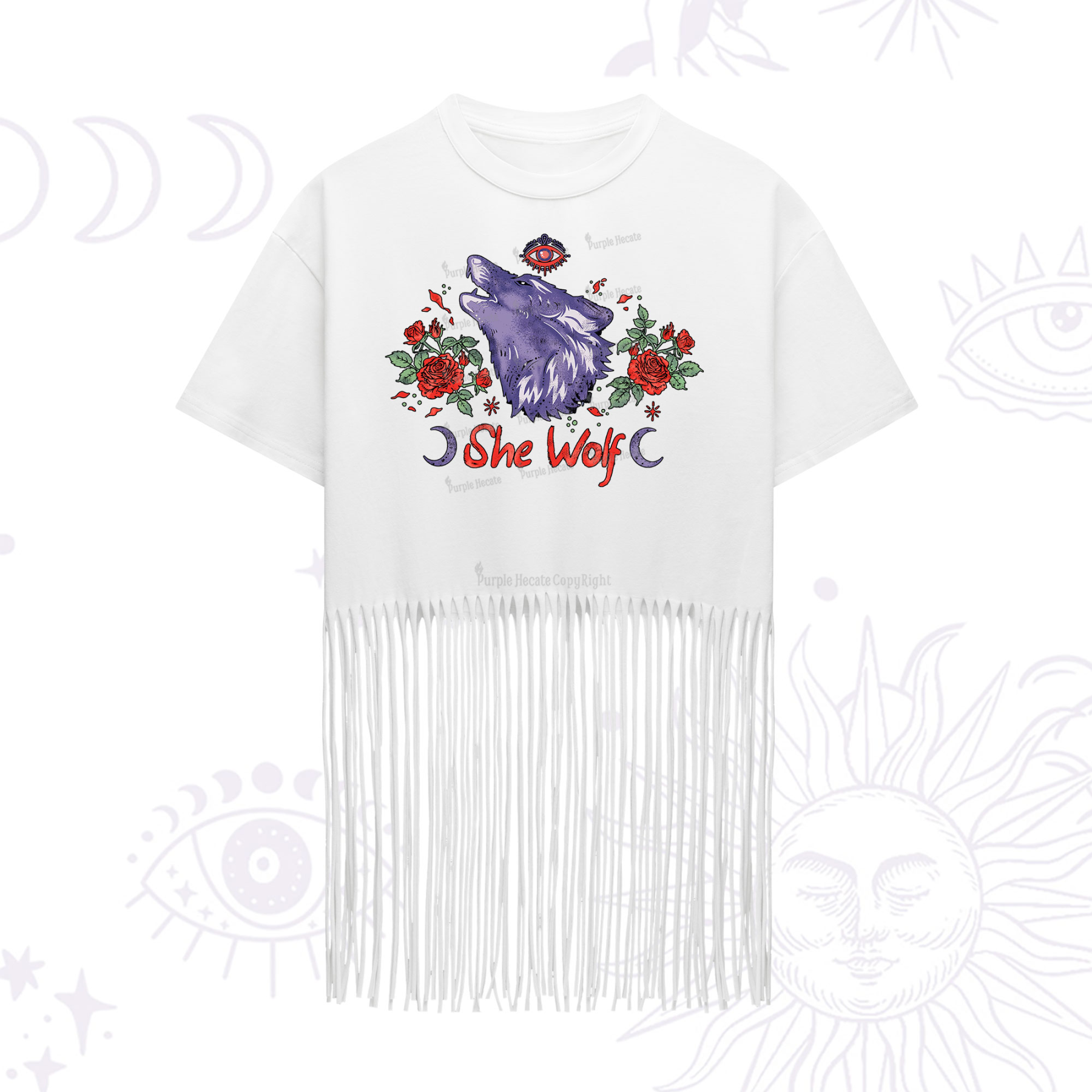 Purplehecate Moon Wolf Fringe Hem T-Shirt
