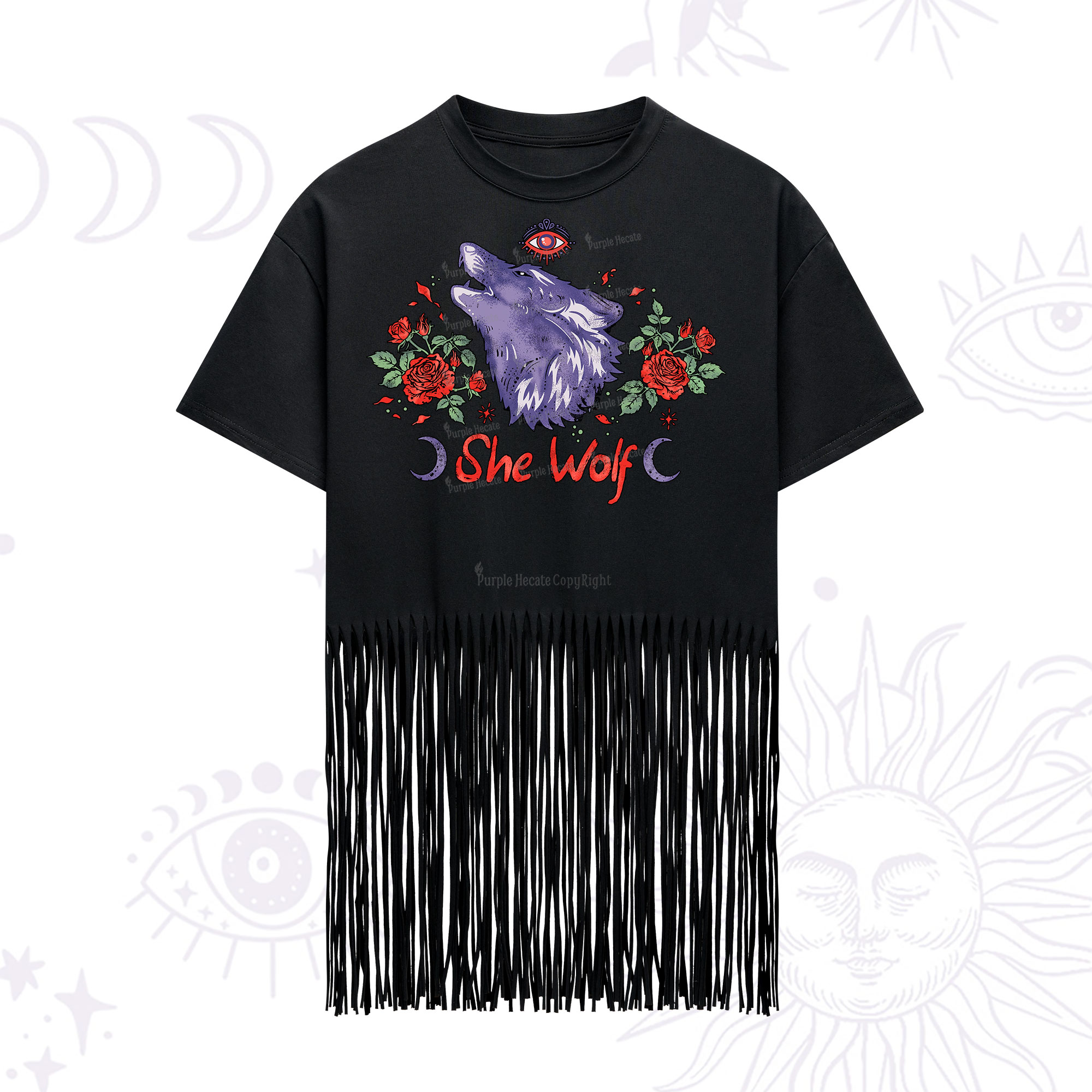 Purplehecate Moon Wolf Fringe Hem T-Shirt