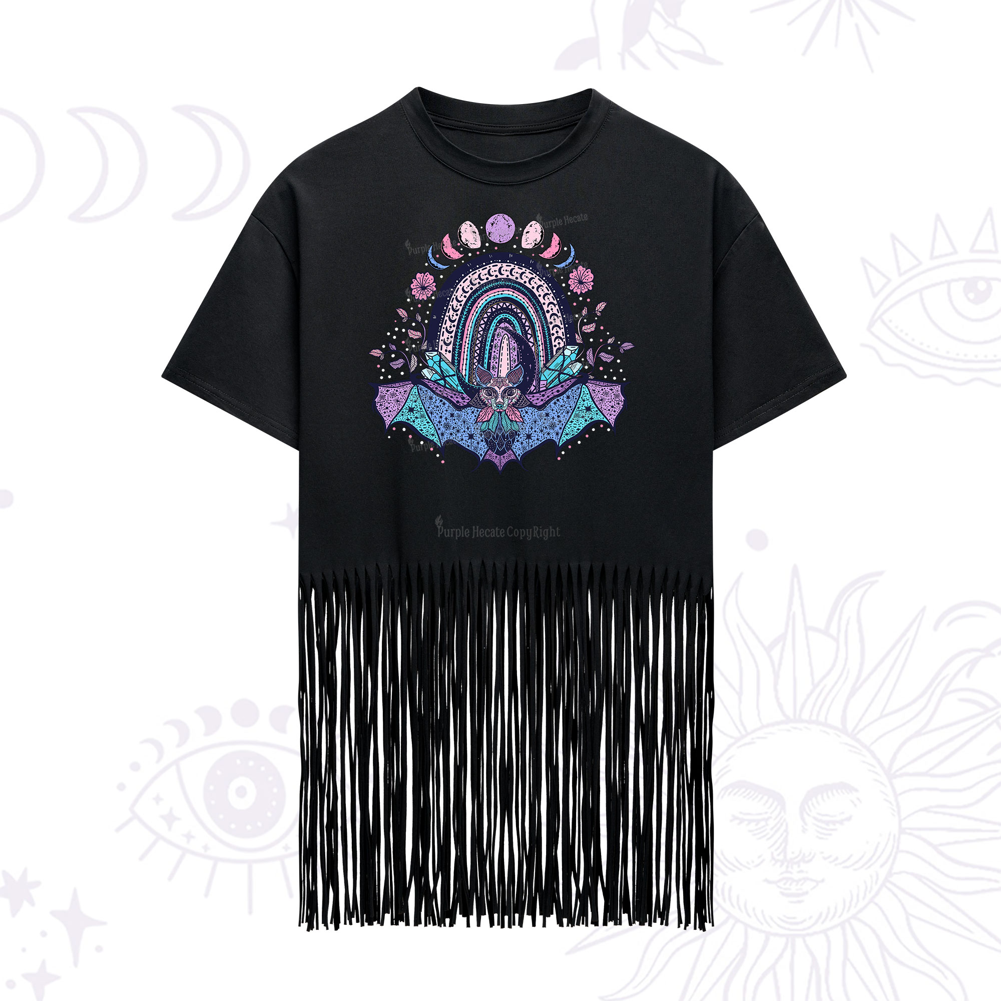 Purplehecate Moon Phase Bat Fringe Hem T-Shirt