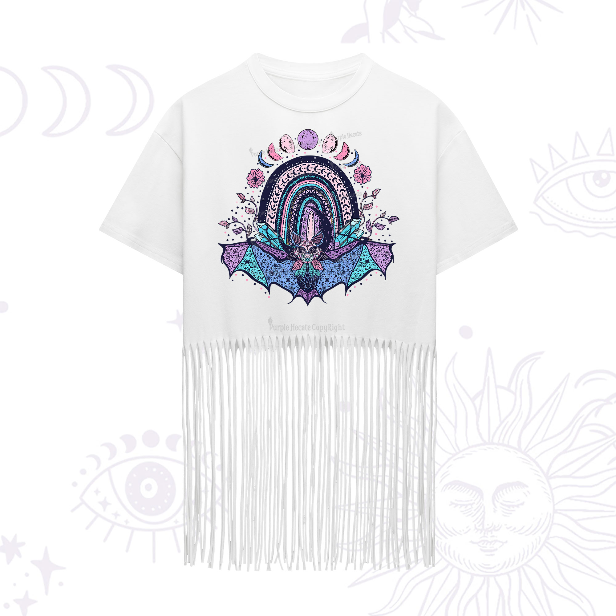 Purplehecate Moon Phase Bat Fringe Hem T-Shirt