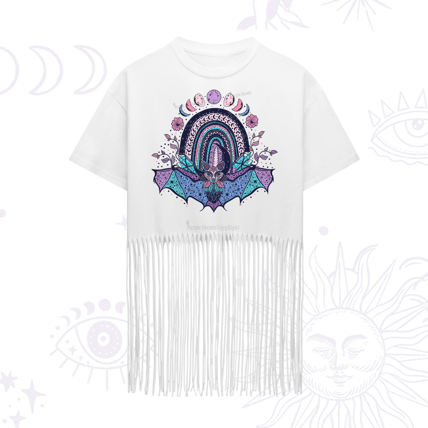 Purplehecate Moon Phase Bat Fringe Hem T-Shirt