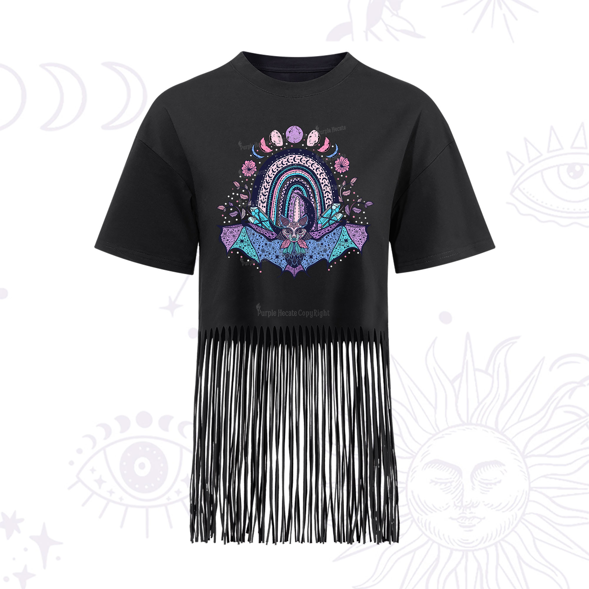 Purplehecate Moon Phase Bat Fringe Hem T-Shirt