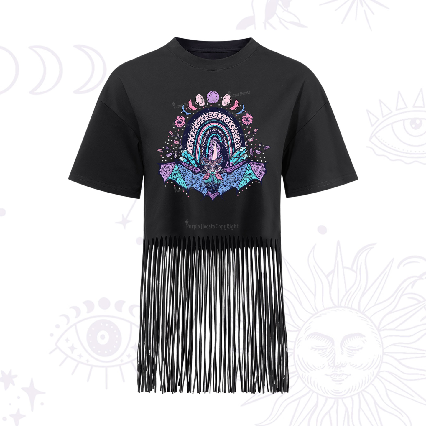 Purplehecate Moon Phase Bat Fringe Hem T-Shirt