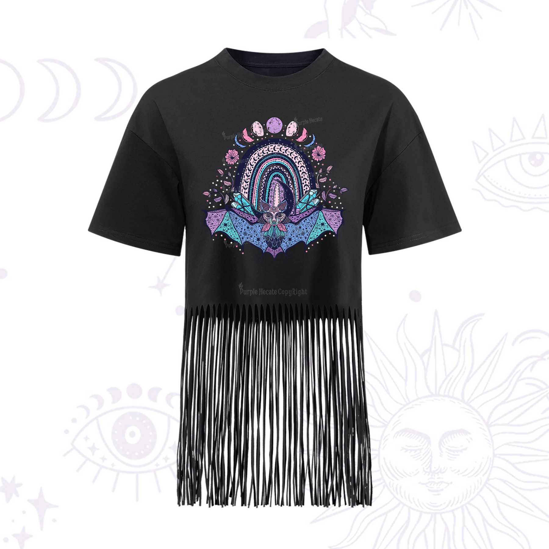 Purplehecate Moon Phase Bat Fringe Hem T-Shirt