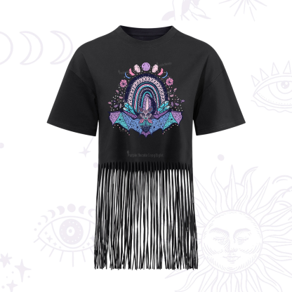Purplehecate Moon Phase Bat Fringe Hem T-Shirt