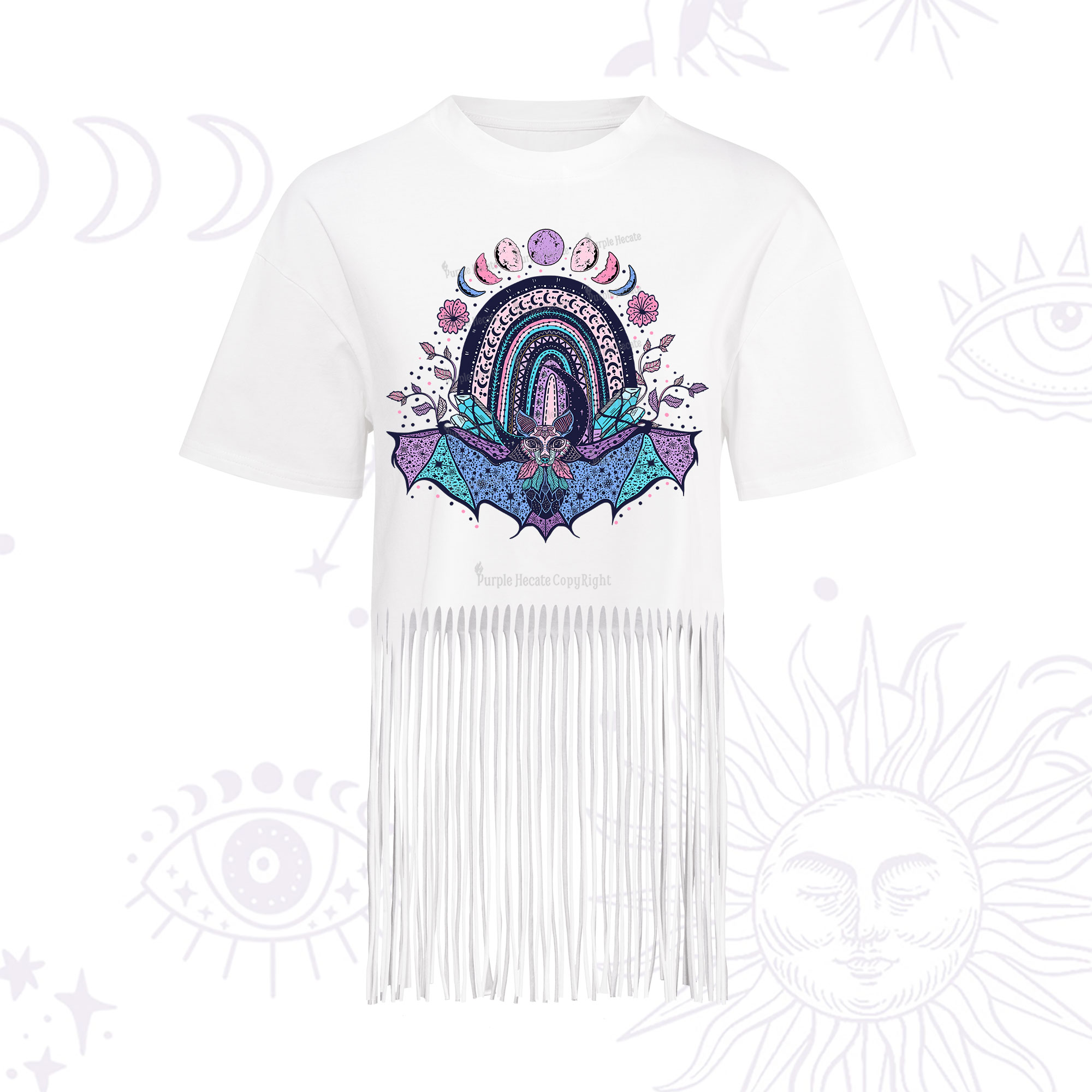 Purplehecate Moon Phase Bat Fringe Hem T-Shirt