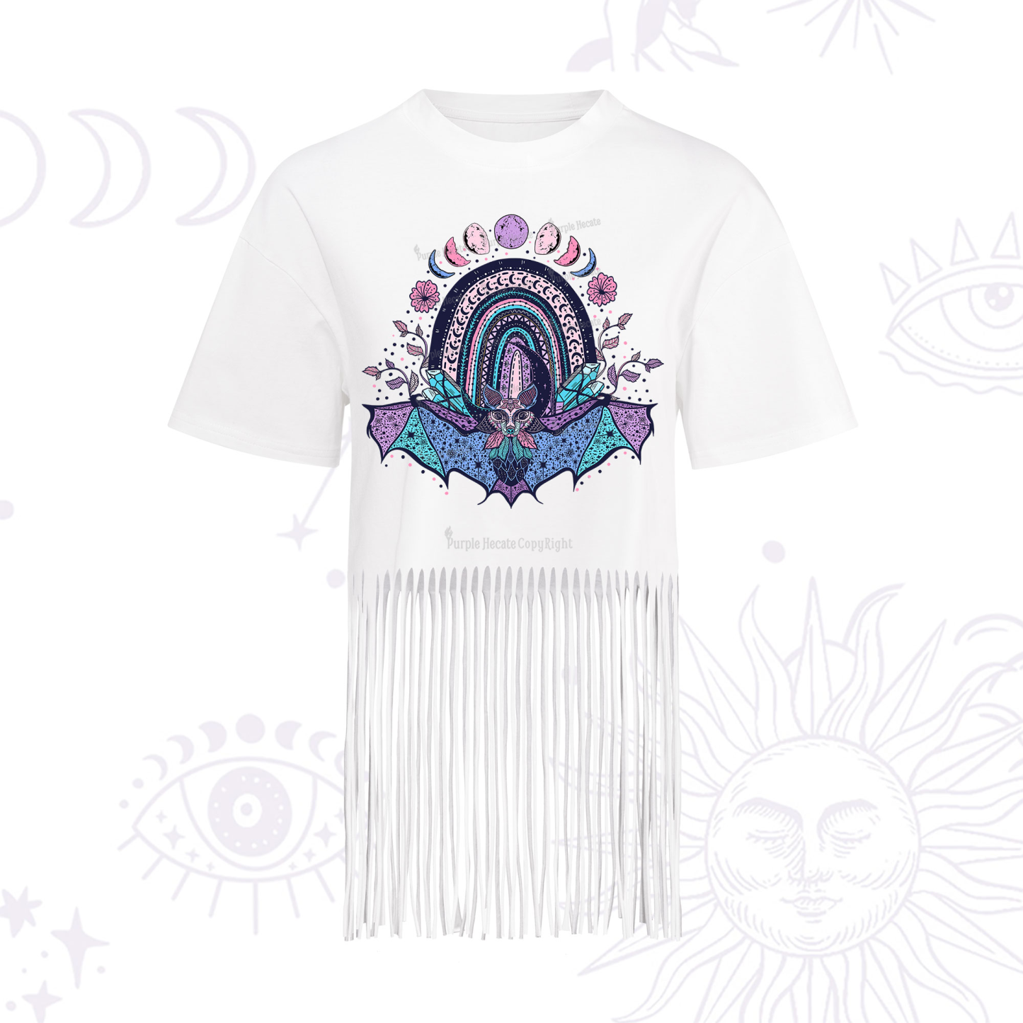 Purplehecate Moon Phase Bat Fringe Hem T-Shirt