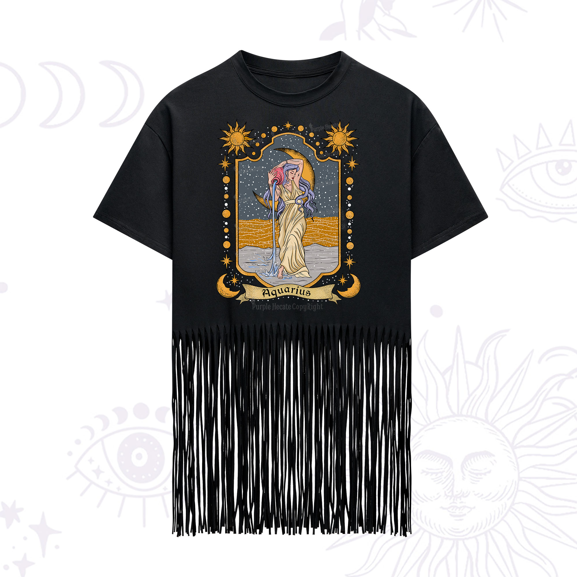 Purplehecate Aquarius Zodiac Fringe Hem T-Shirt