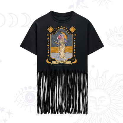 Purplehecate Aquarius Zodiac Fringe Hem T-Shirt