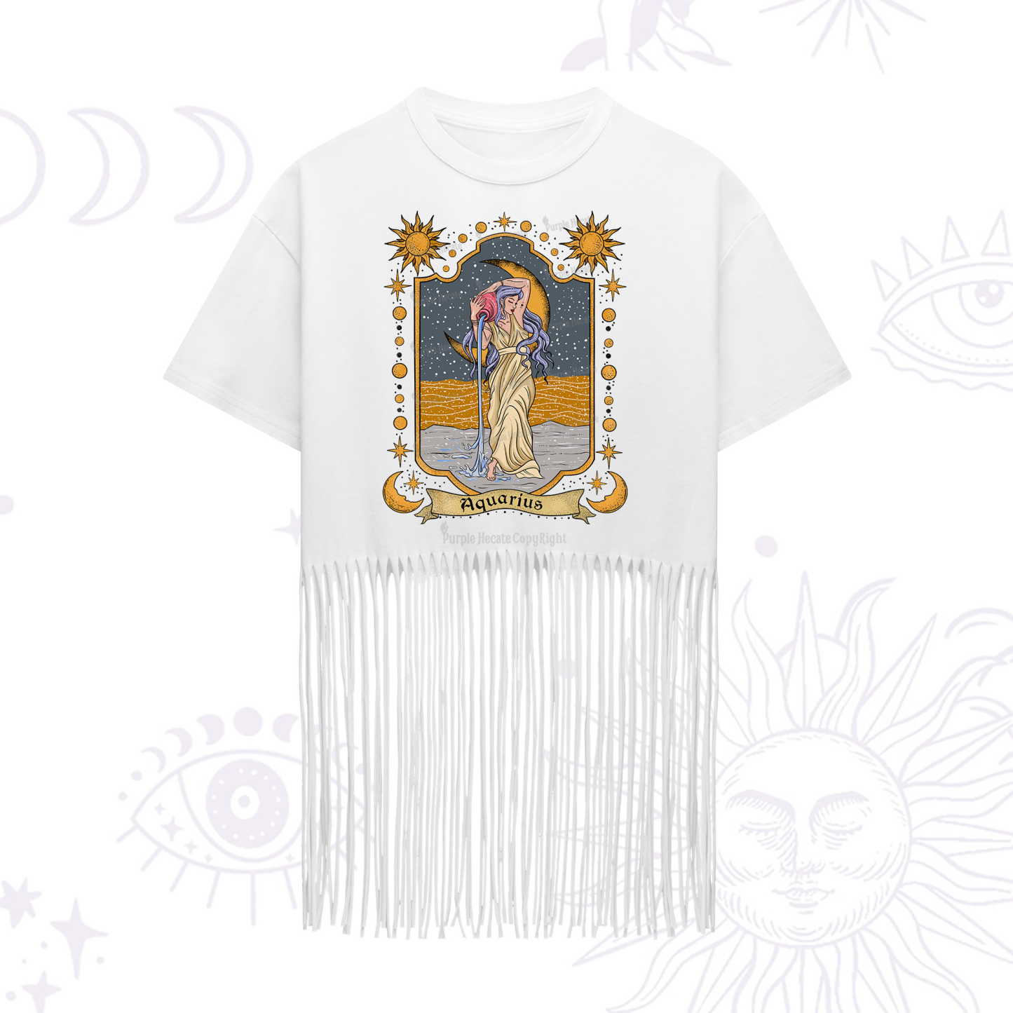 Purplehecate Aquarius Zodiac Fringe Hem T-Shirt