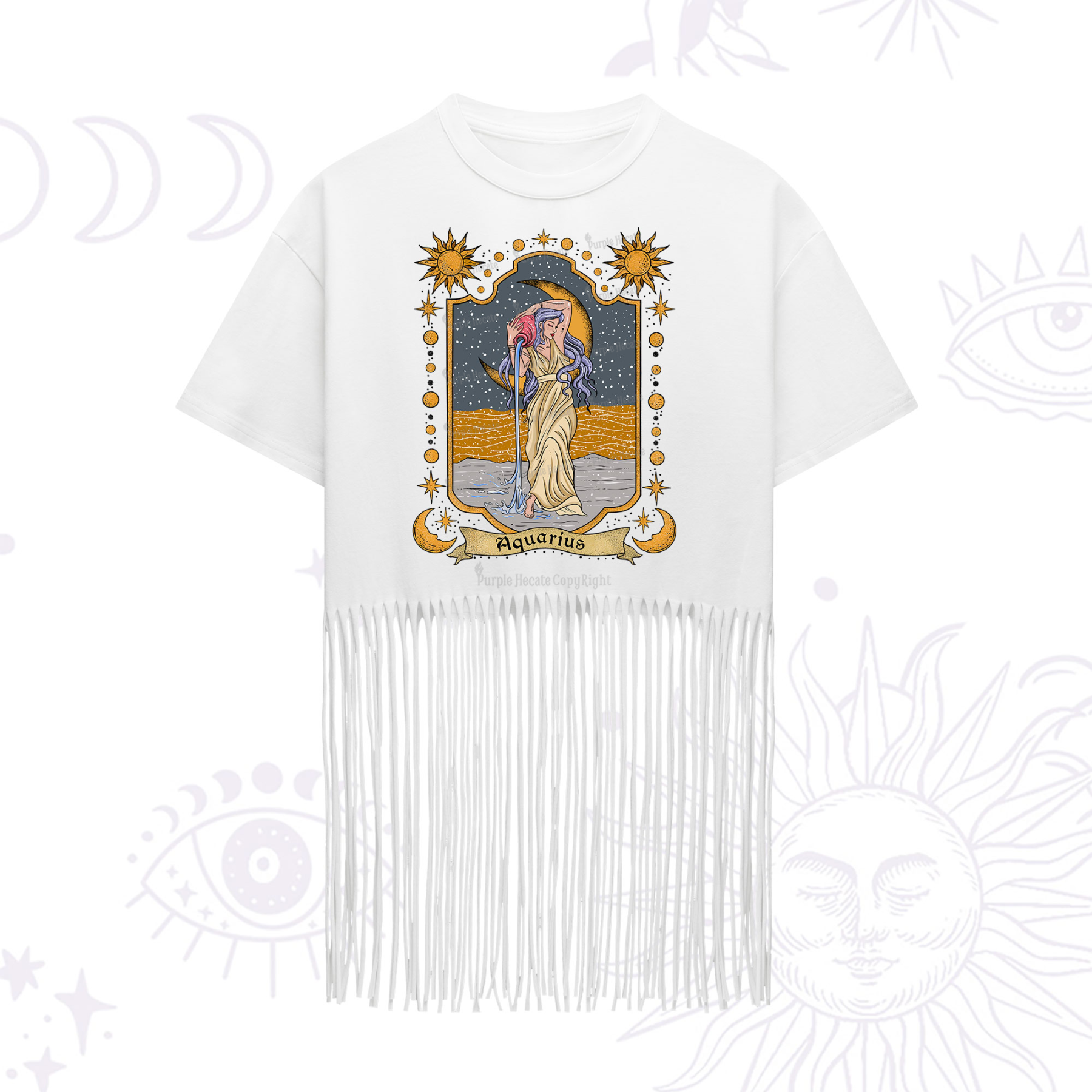 Purplehecate Aquarius Zodiac Fringe Hem T-Shirt