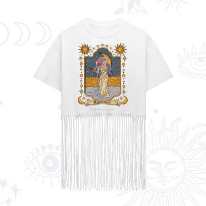 Purplehecate Aquarius Zodiac Fringe Hem T-Shirt
