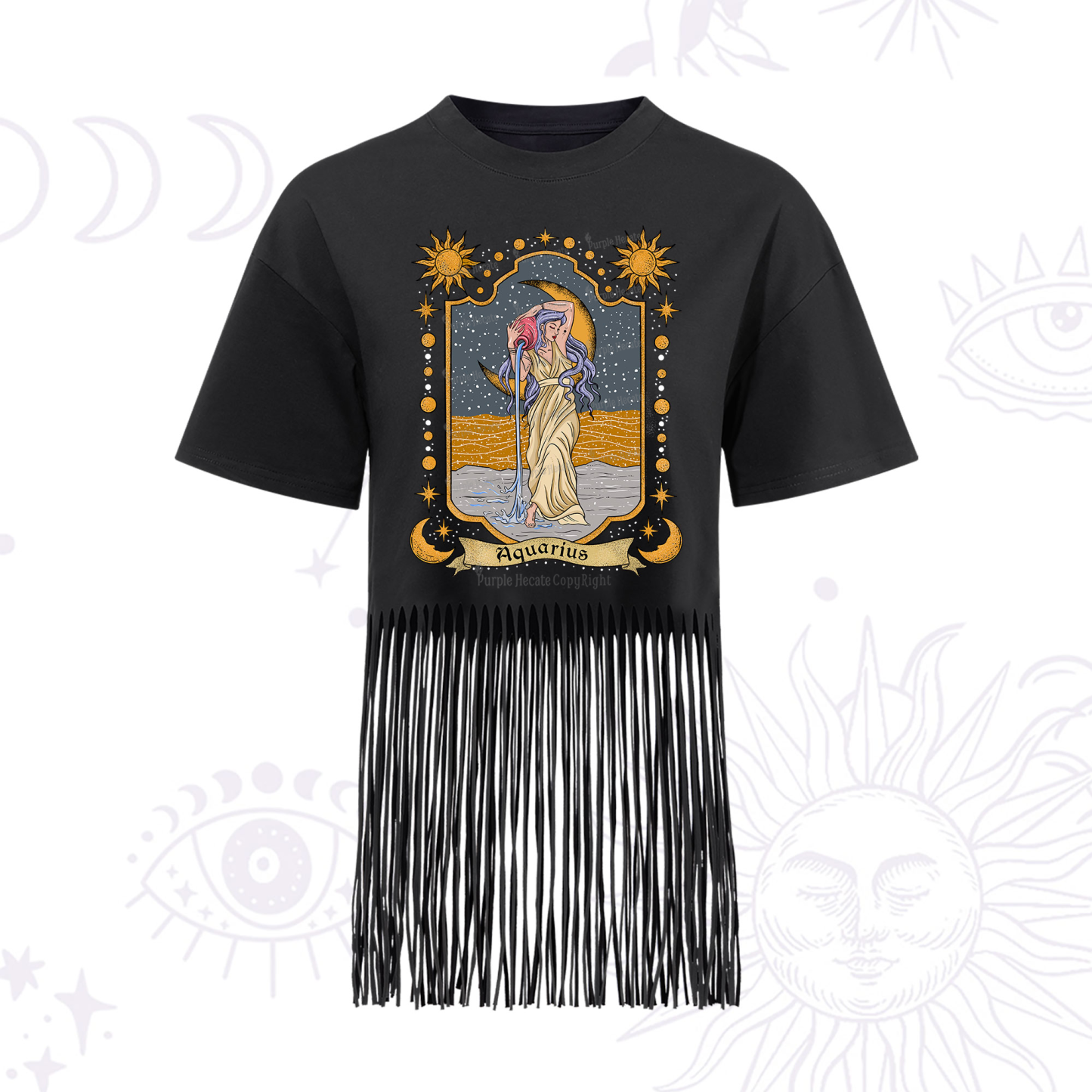 Purplehecate Aquarius Zodiac Fringe Hem T-Shirt