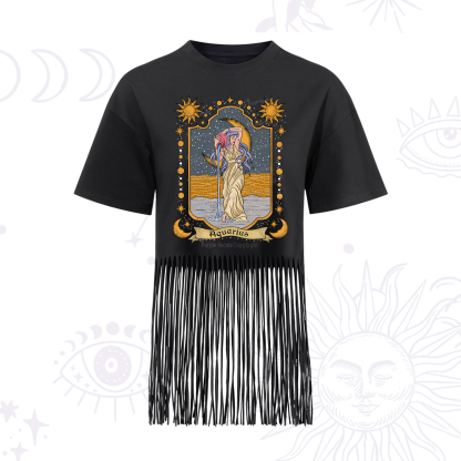 Purplehecate Aquarius Zodiac Fringe Hem T-Shirt