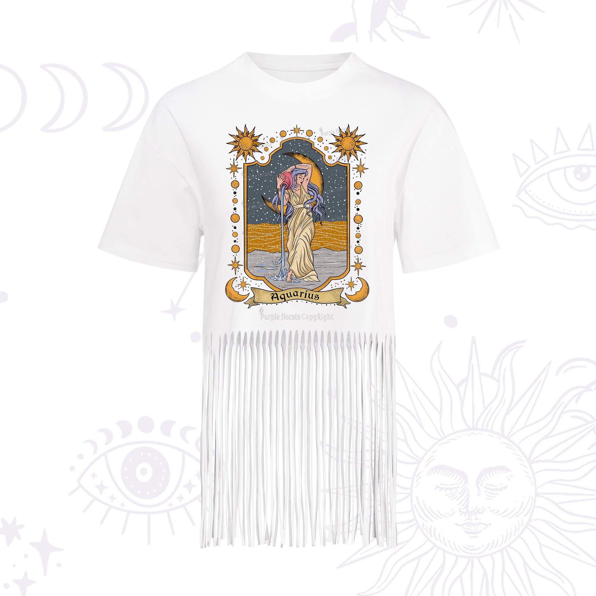 Purplehecate Aquarius Zodiac Fringe Hem T-Shirt