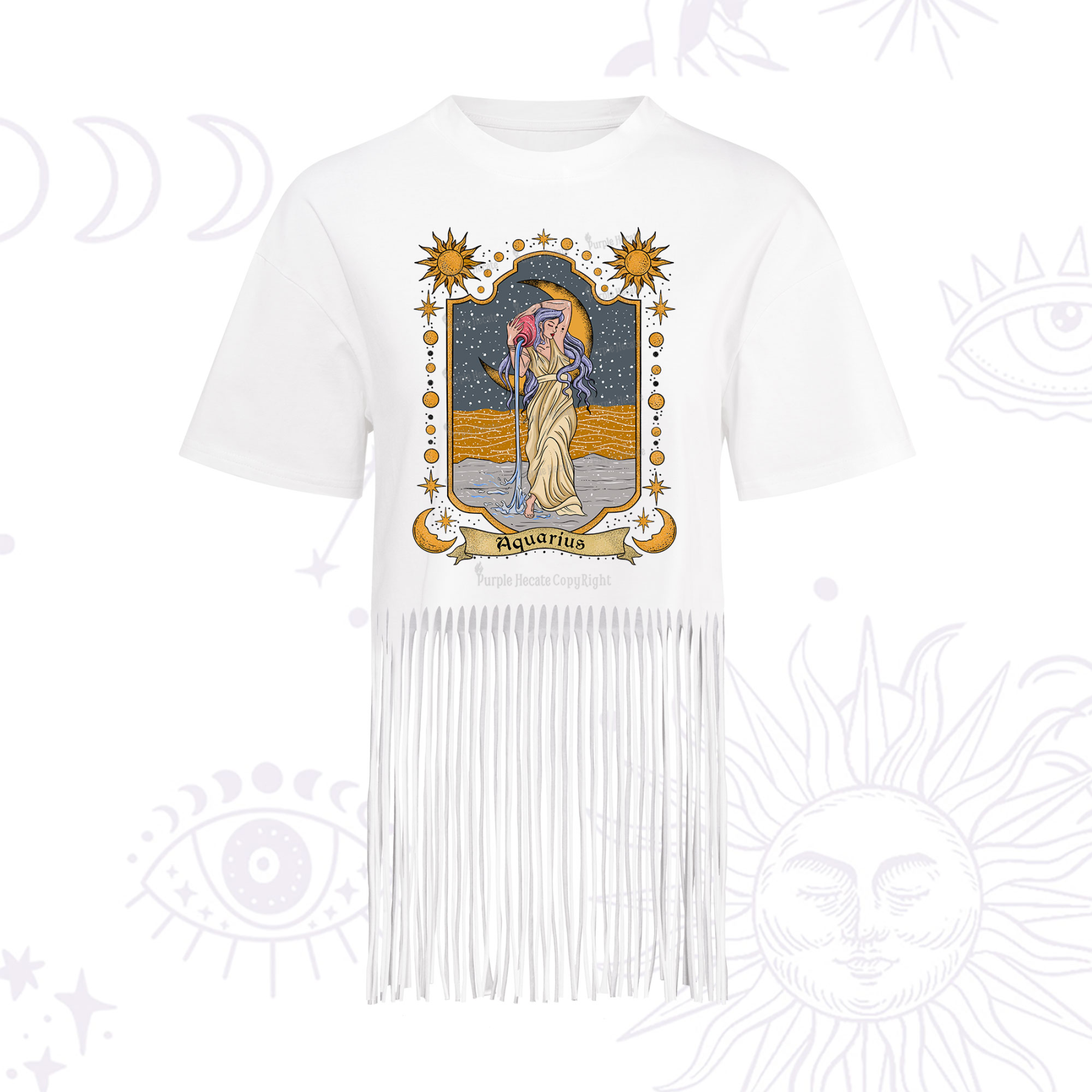Purplehecate Aquarius Zodiac Fringe Hem T-Shirt