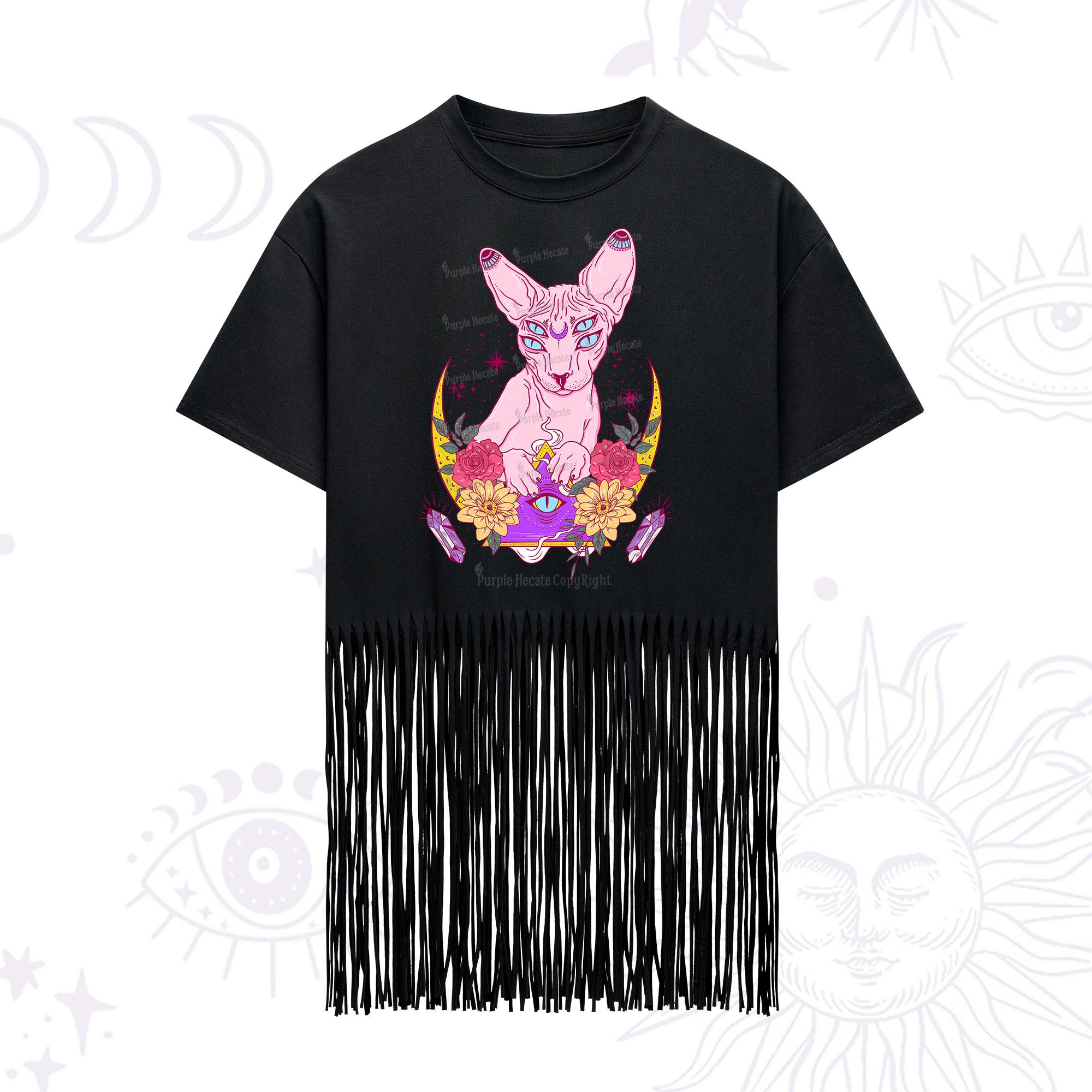 Purplehecate Moon Phase Cat Fringe Hem T-Shirt