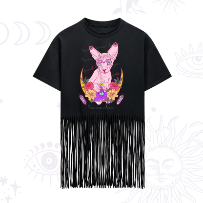 Purplehecate Moon Phase Cat Fringe Hem T-Shirt