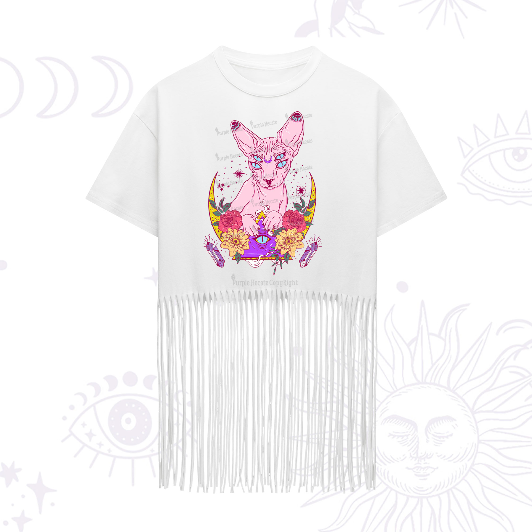 Purplehecate Moon Phase Cat Fringe Hem T-Shirt