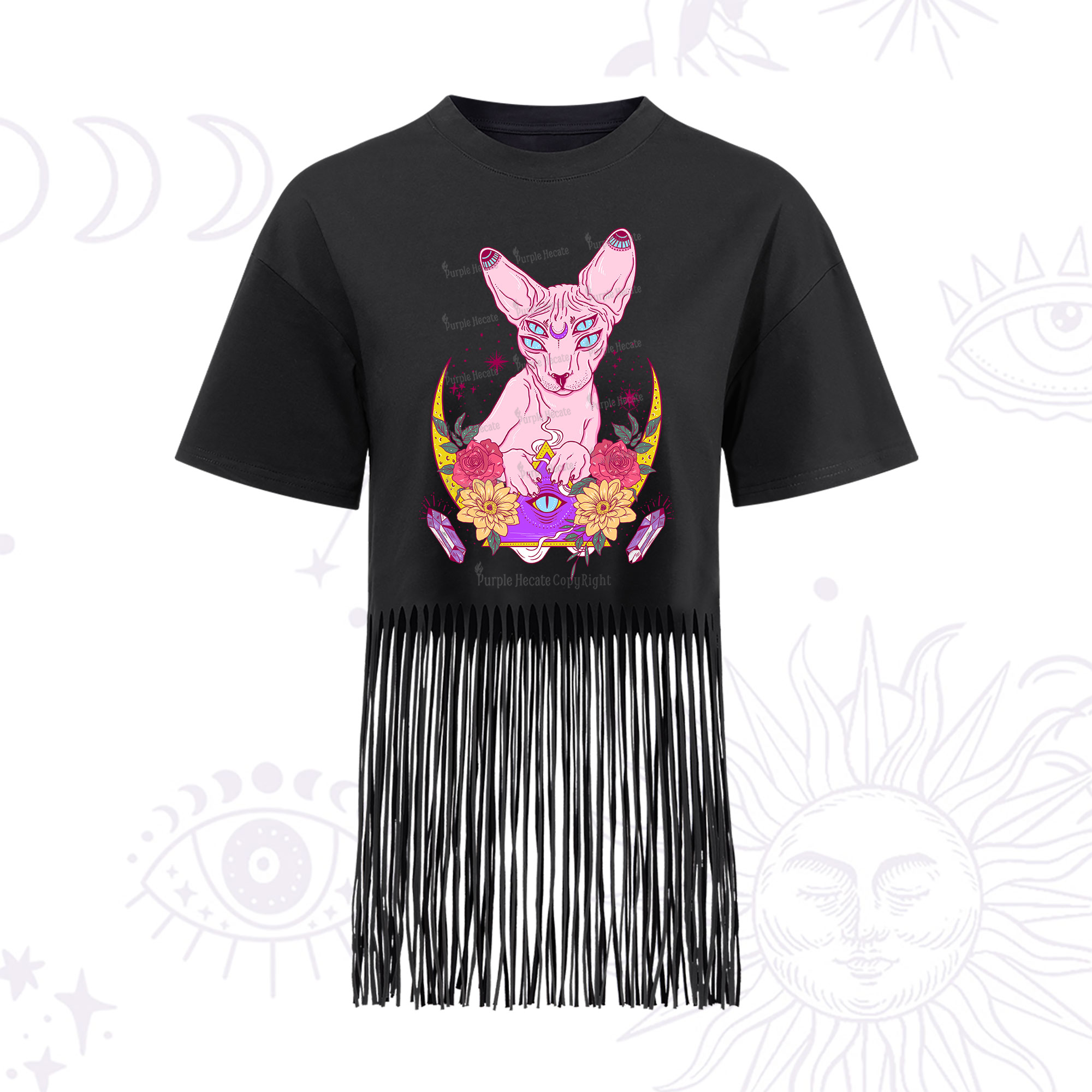 Purplehecate Moon Phase Cat Fringe Hem T-Shirt
