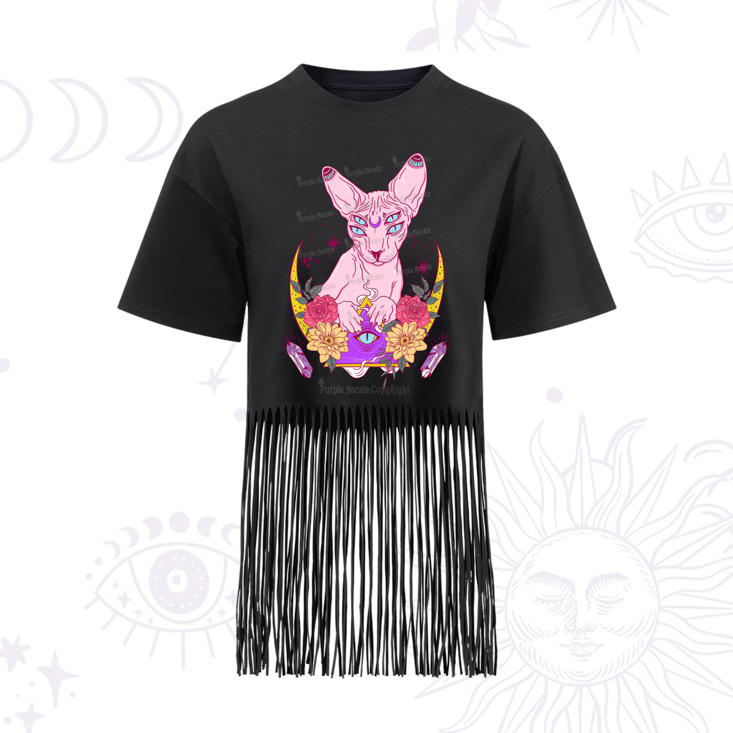 Purplehecate Moon Phase Cat Fringe Hem T-Shirt