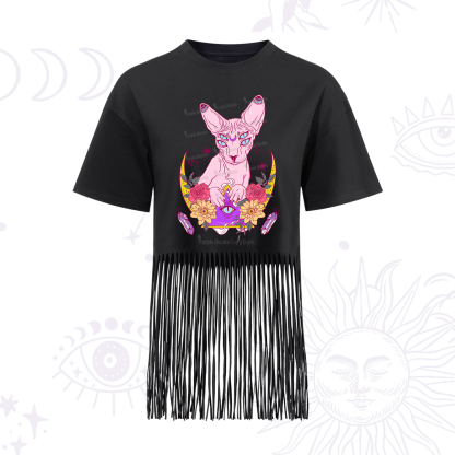 Purplehecate Moon Phase Cat Fringe Hem T-Shirt