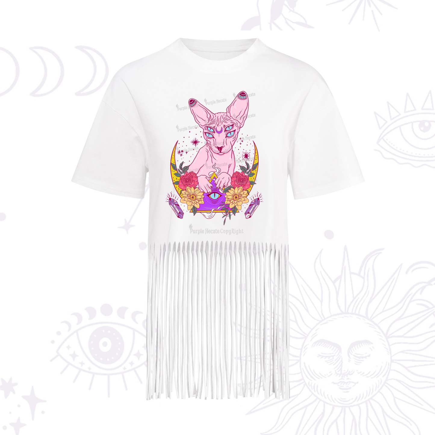 Purplehecate Moon Phase Cat Fringe Hem T-Shirt