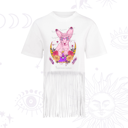 Purplehecate Moon Phase Cat Fringe Hem T-Shirt