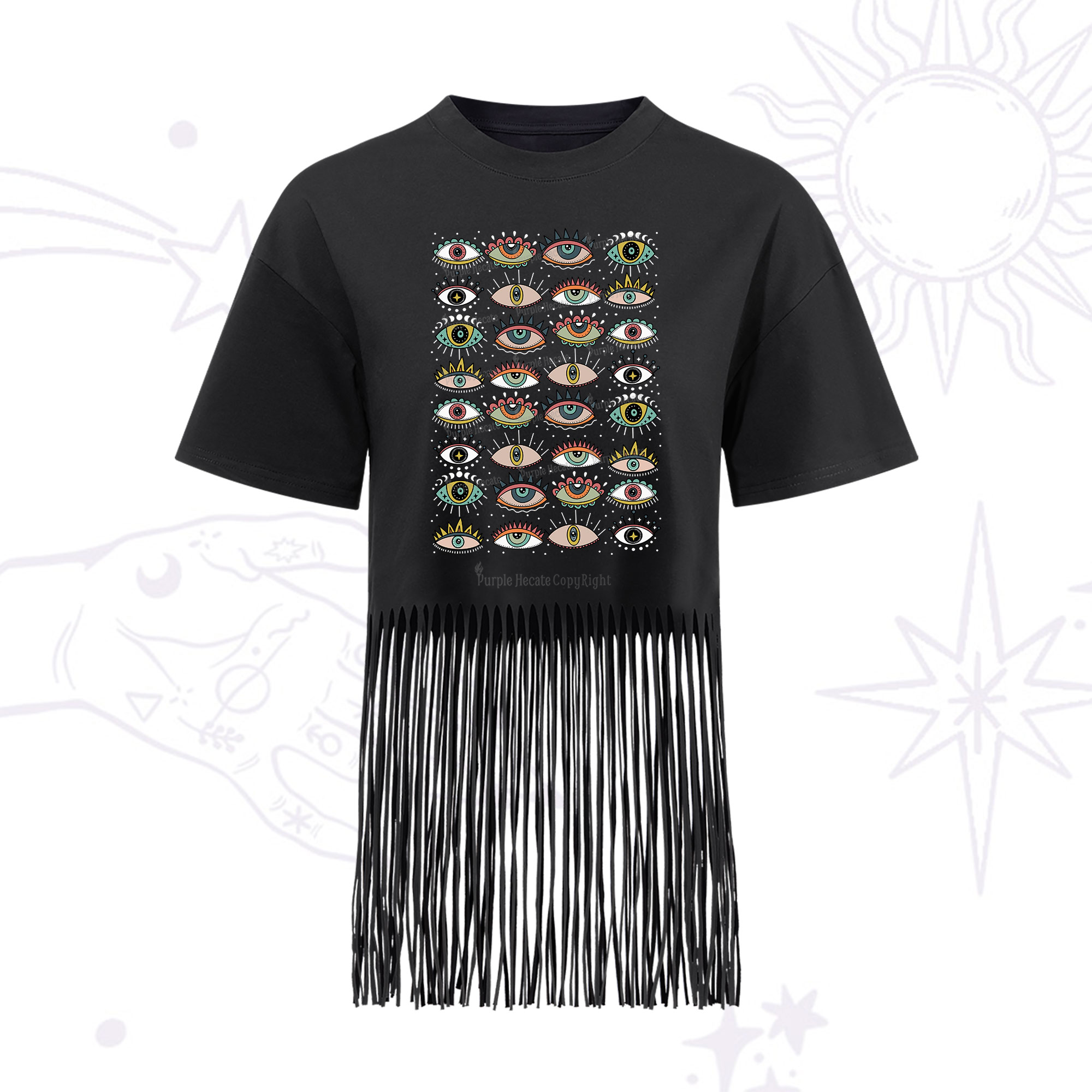 Purplehecate Evil Eye Pattern Fringe Hem T-Shirt